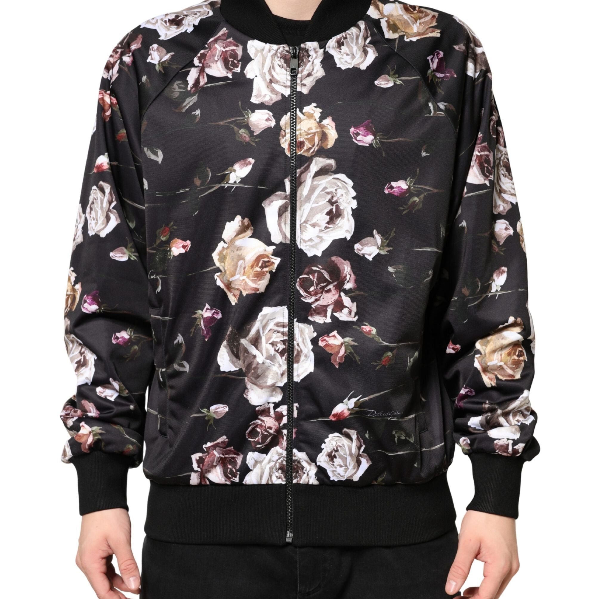 Dolce & Gabbana Black Floral Polyester Full Zip Bomber Jacket