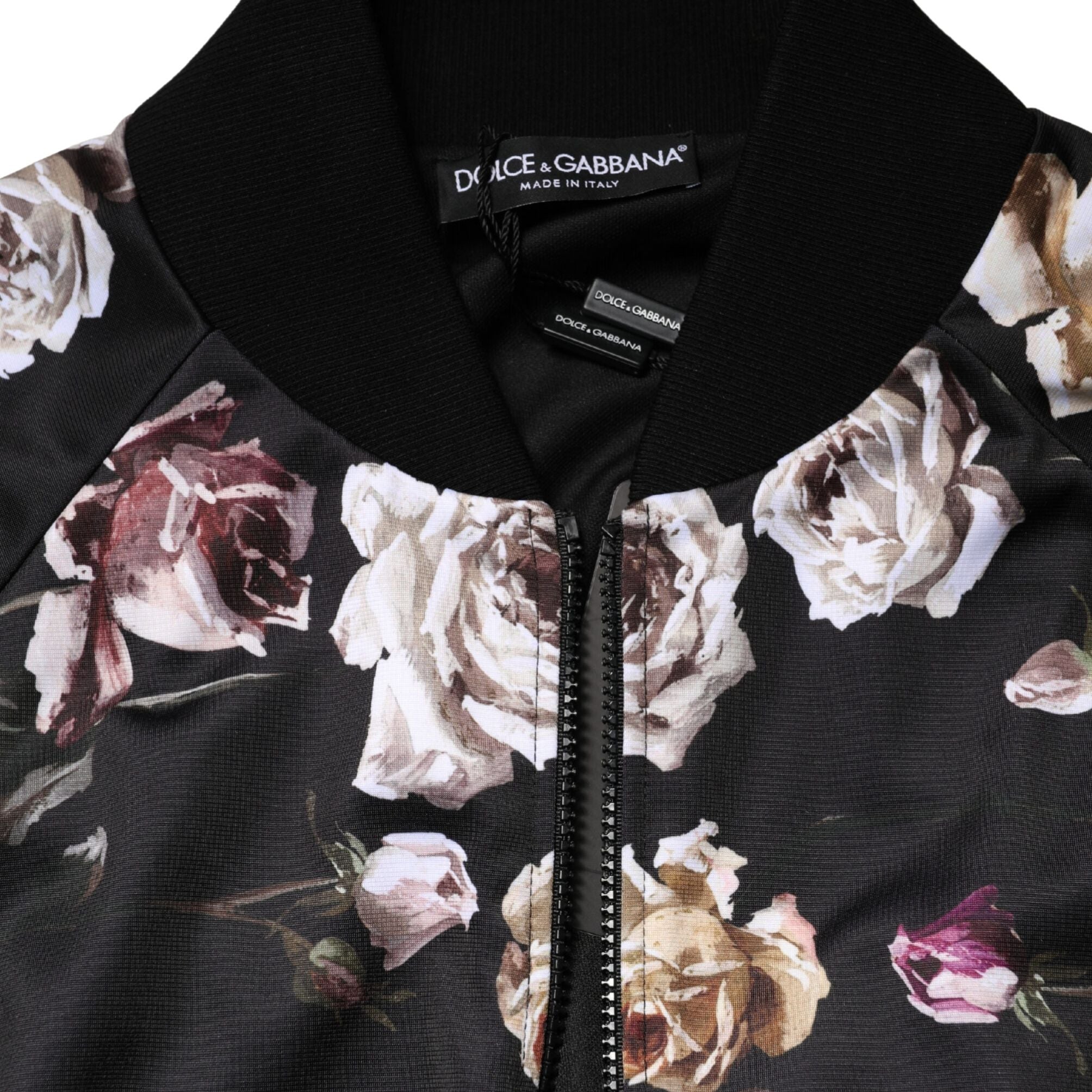 Dolce & Gabbana Black Floral Polyester Full Zip Bomber Jacket