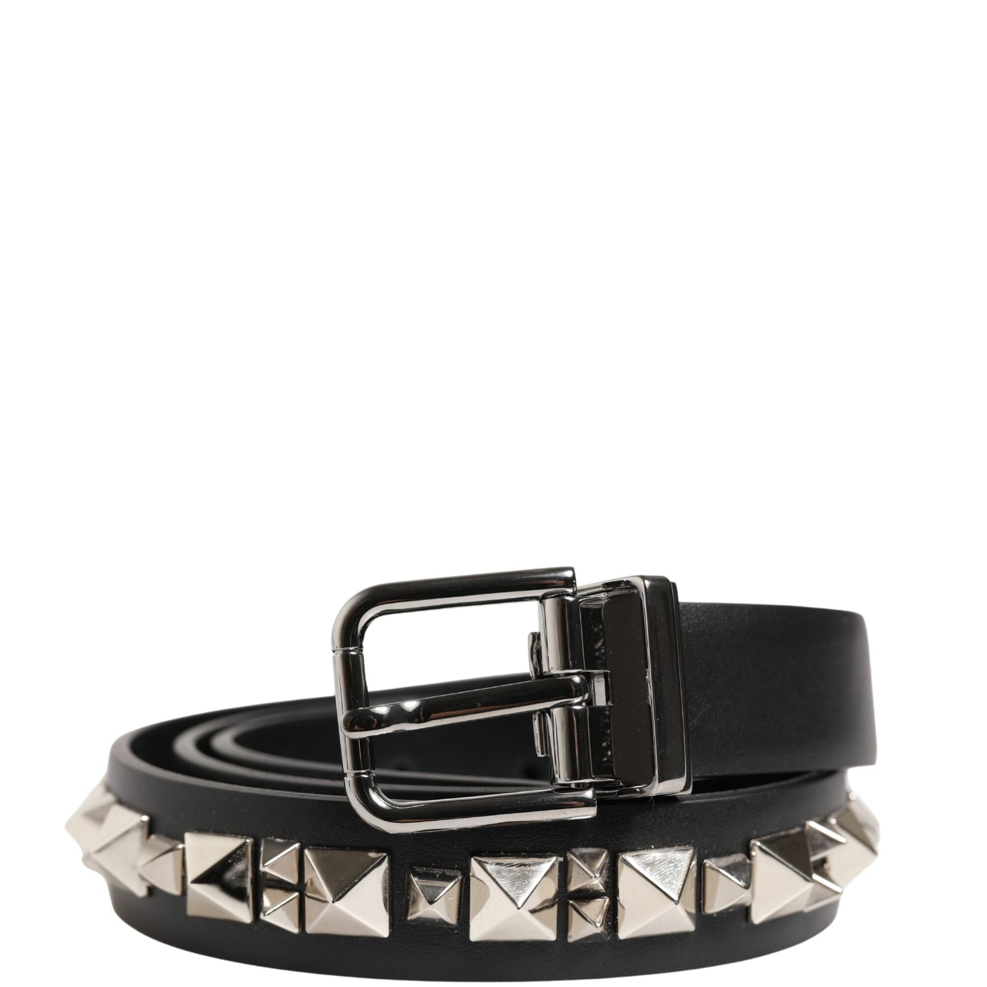 Dolce & Gabbana Black Leather Studded Silver Tone Buckle Belt