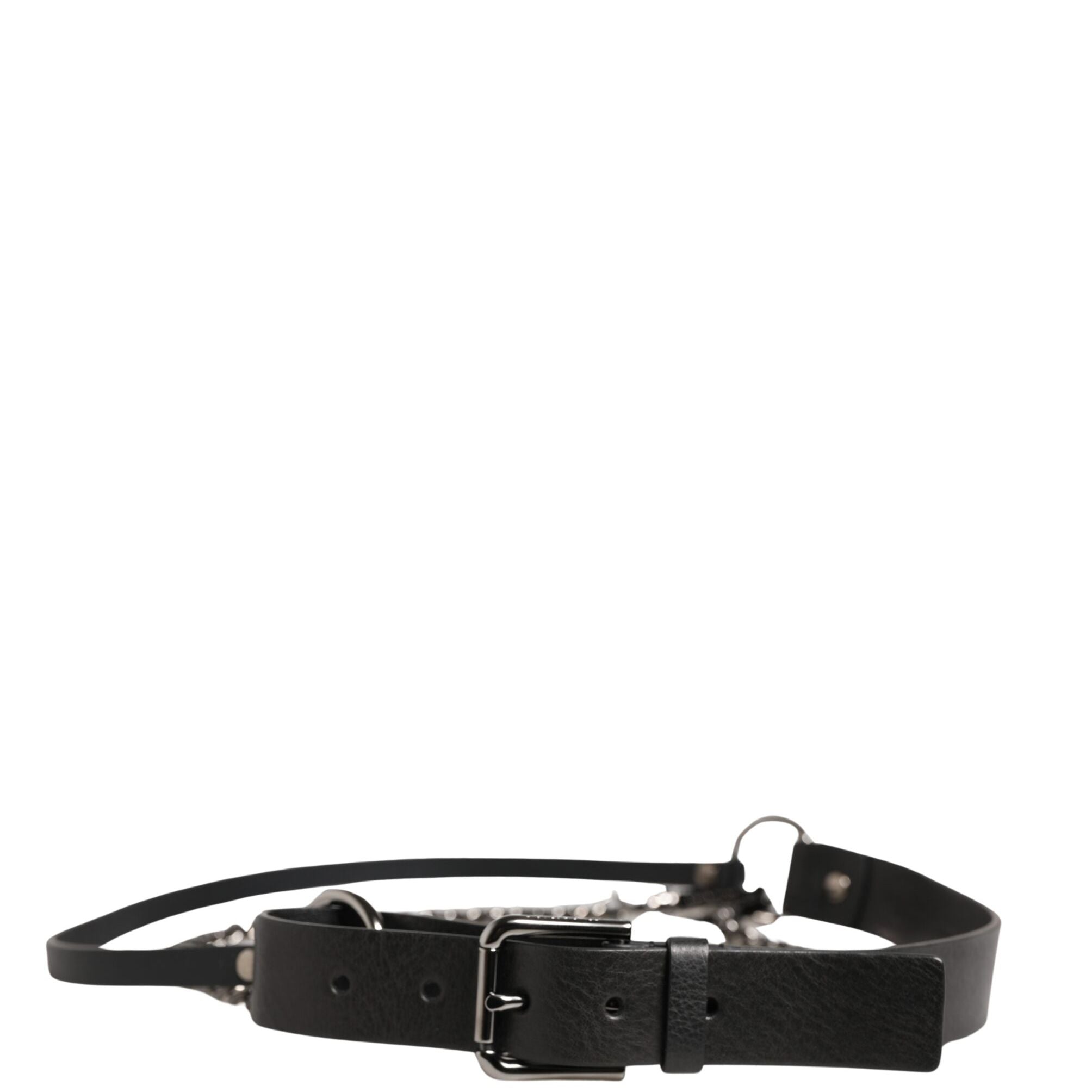 Dolce & Gabbana Black Leather Silver Chain Waist Men Belt