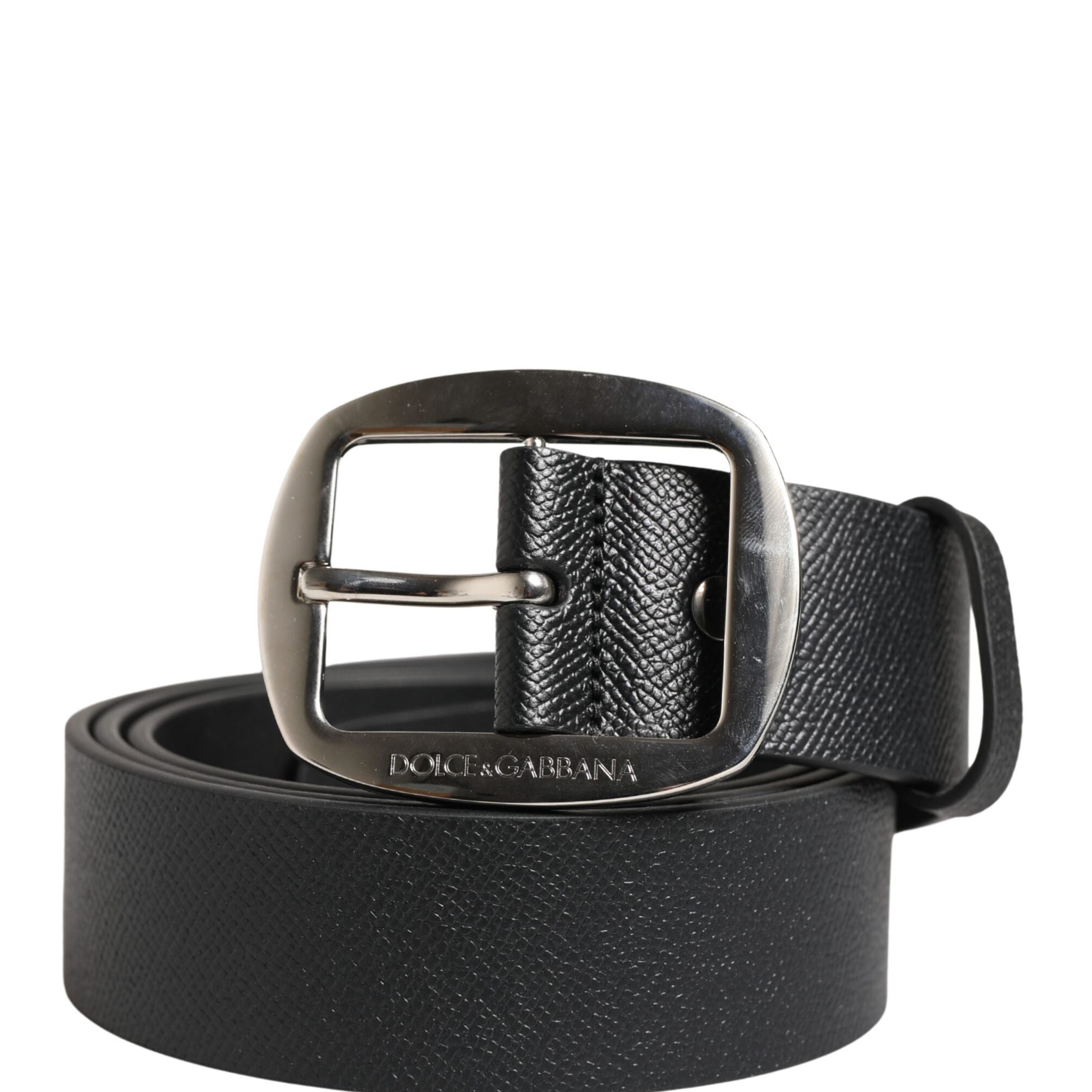 Dolce & Gabbana Black Calf Leather Silver Metal Buckle Belt