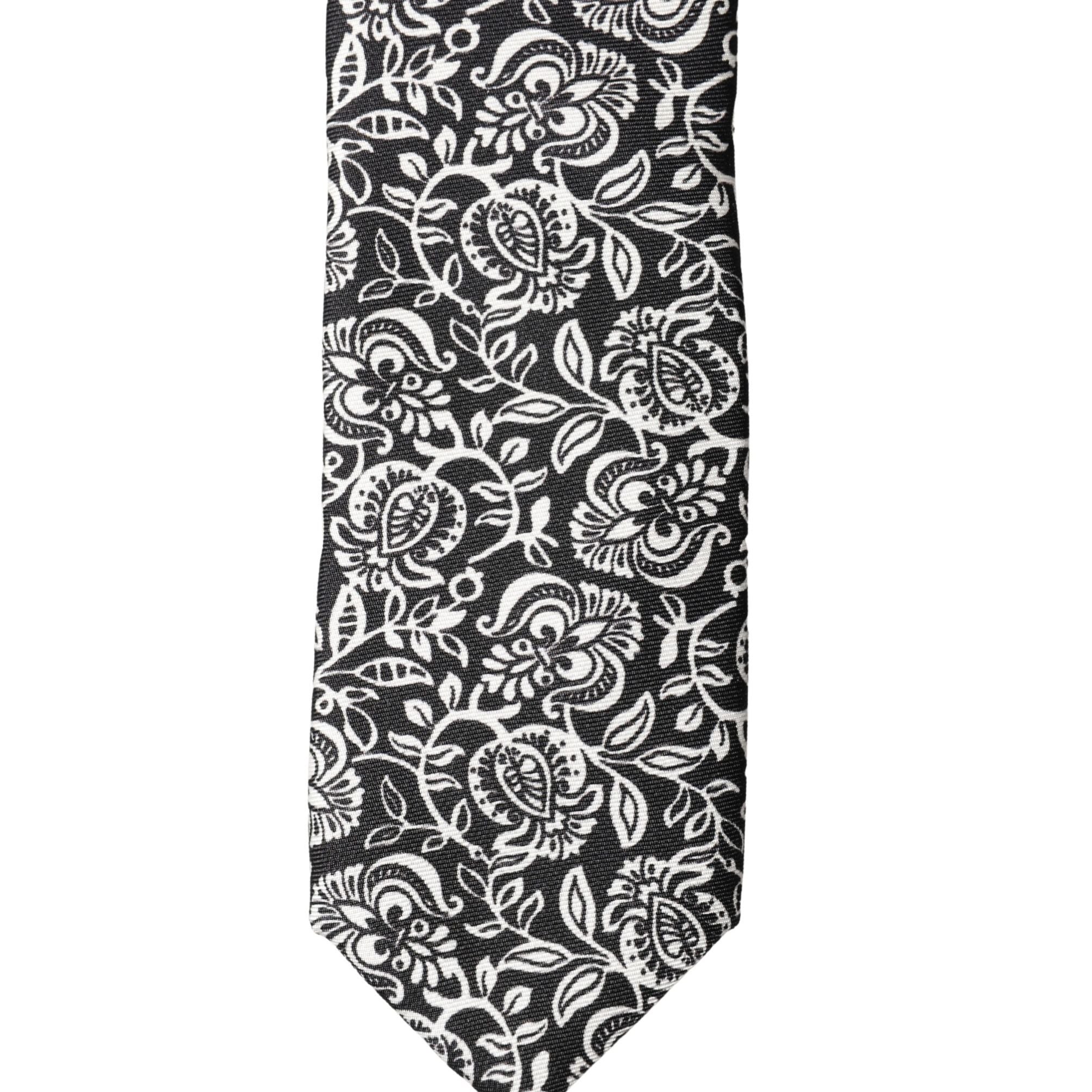 Dolce & Gabbana Black White Floral Fantasy Silk Adjustable Necktie Tie
