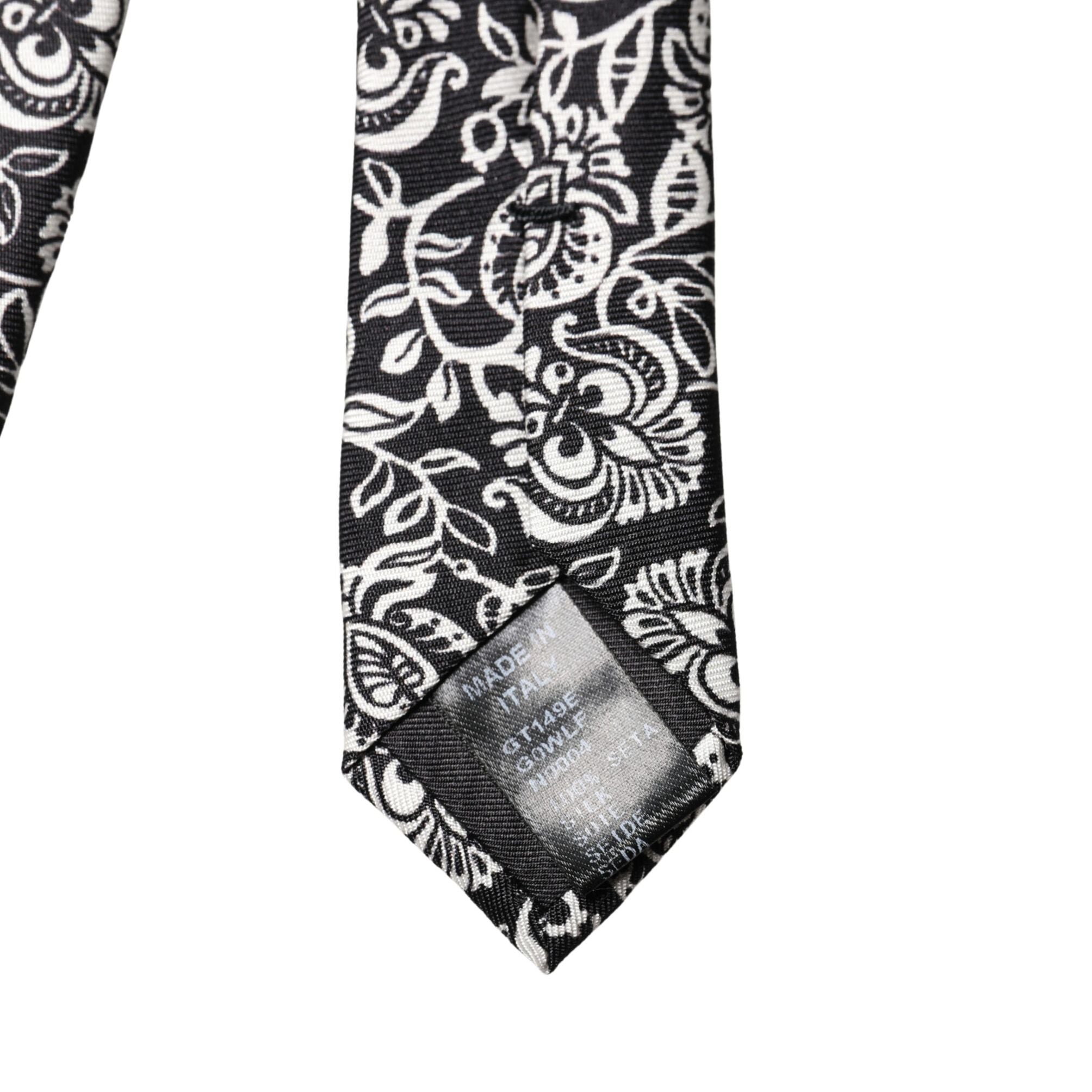 Dolce & Gabbana Black White Floral Fantasy Silk Adjustable Necktie Tie