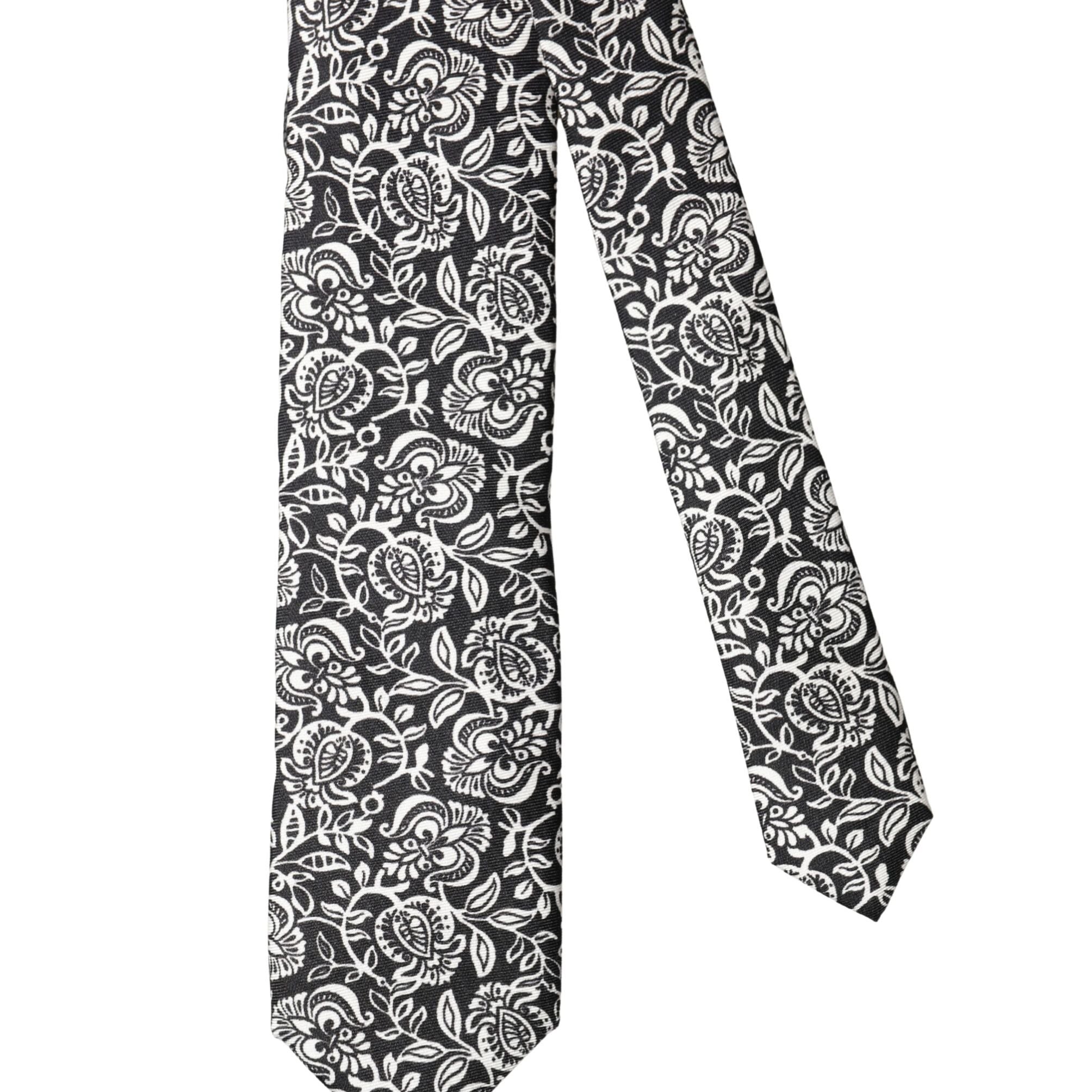 Dolce & Gabbana Black White Floral Fantasy Silk Adjustable Necktie Tie