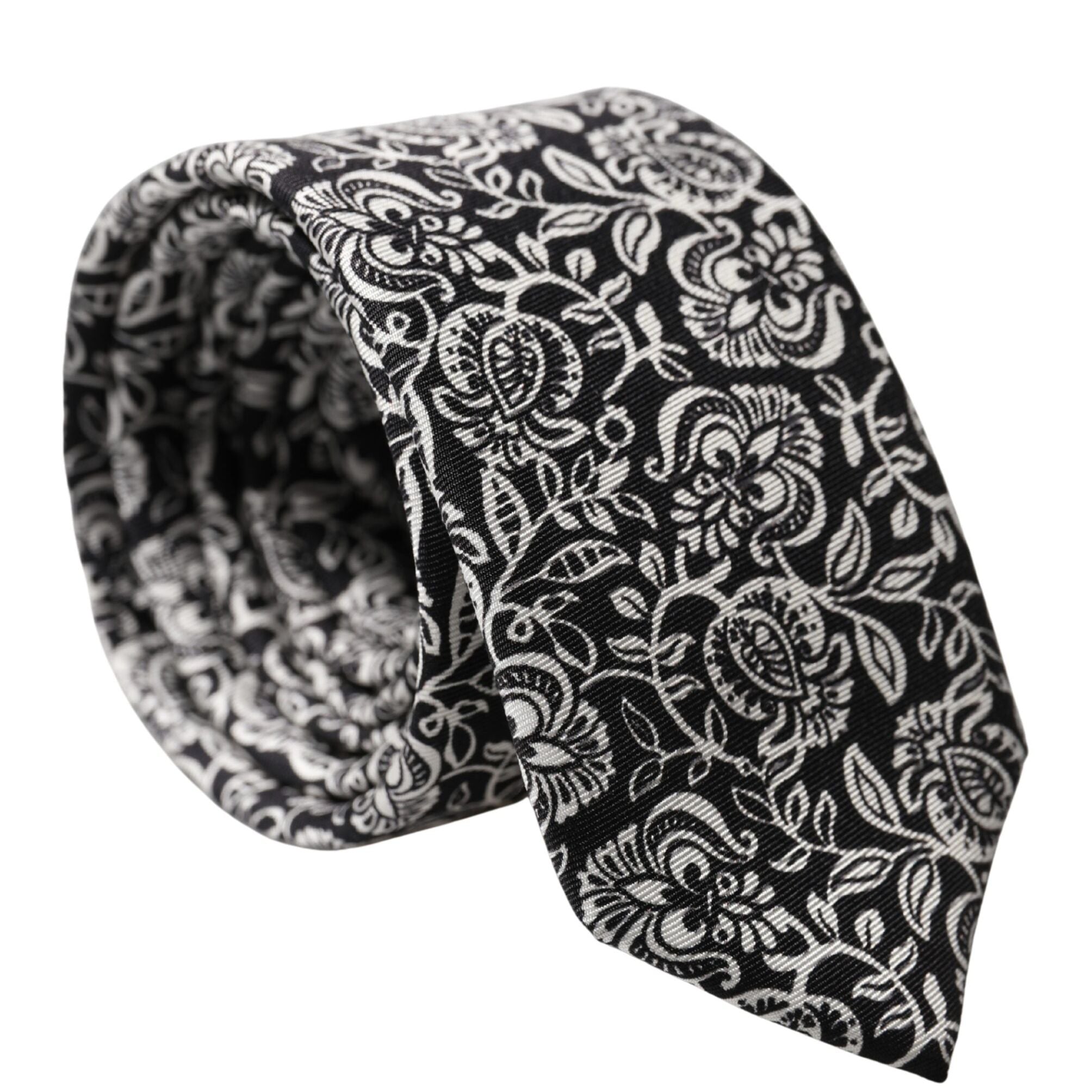 Dolce & Gabbana Black White Floral Fantasy Silk Adjustable Necktie Tie
