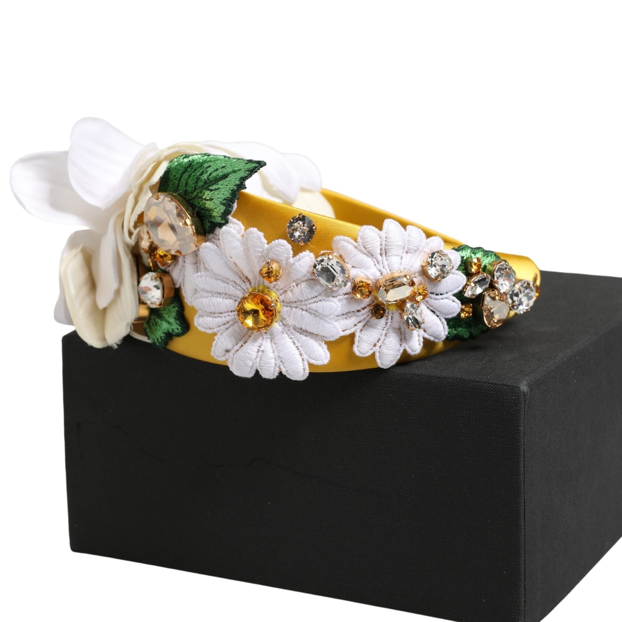 Dolce & Gabbana White Yellow Silk Blend Floral Crystals Diadem Headband