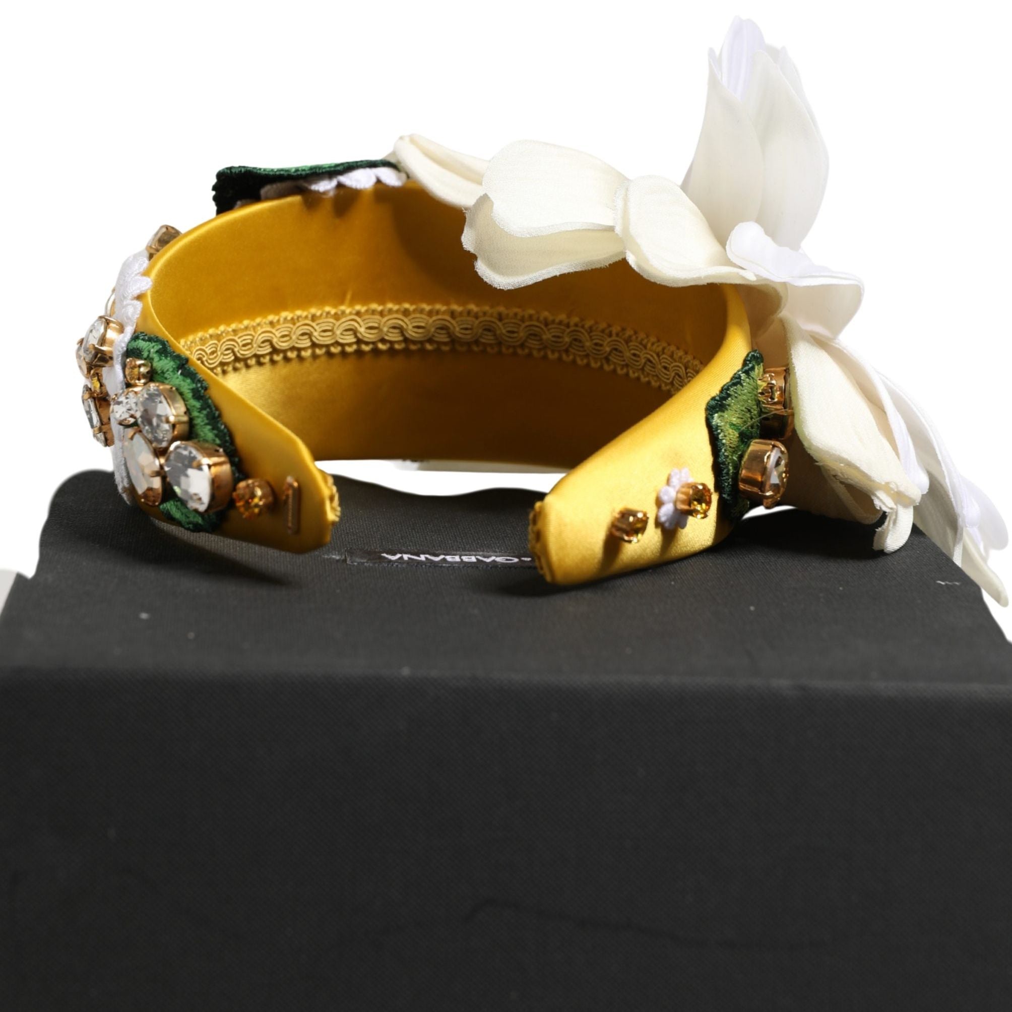 Dolce & Gabbana White Yellow Silk Blend Floral Crystals Diadem Headband