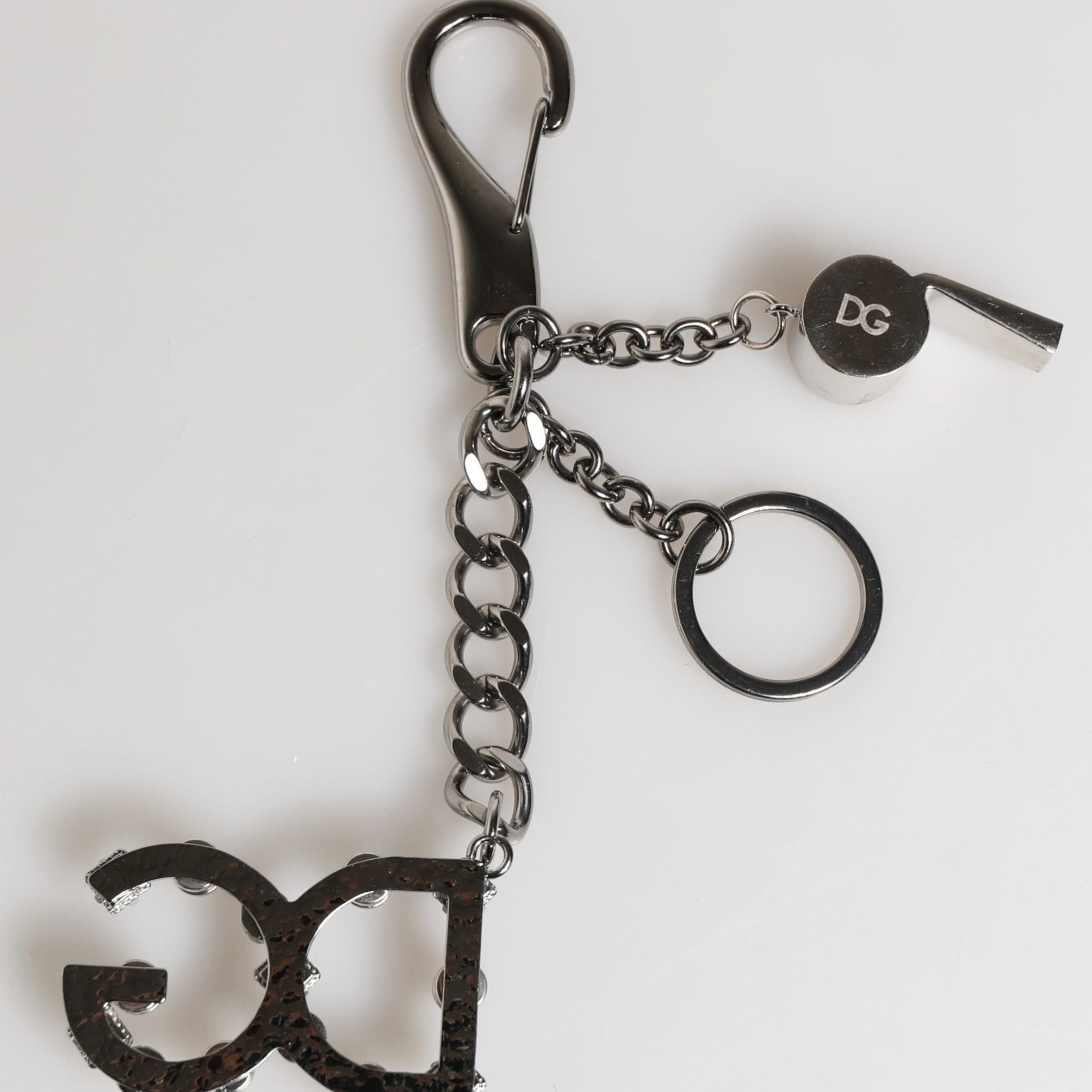 Dolce & Gabbana Silver Brass Metal DG Logo Crystal Ring Keyring Keychain