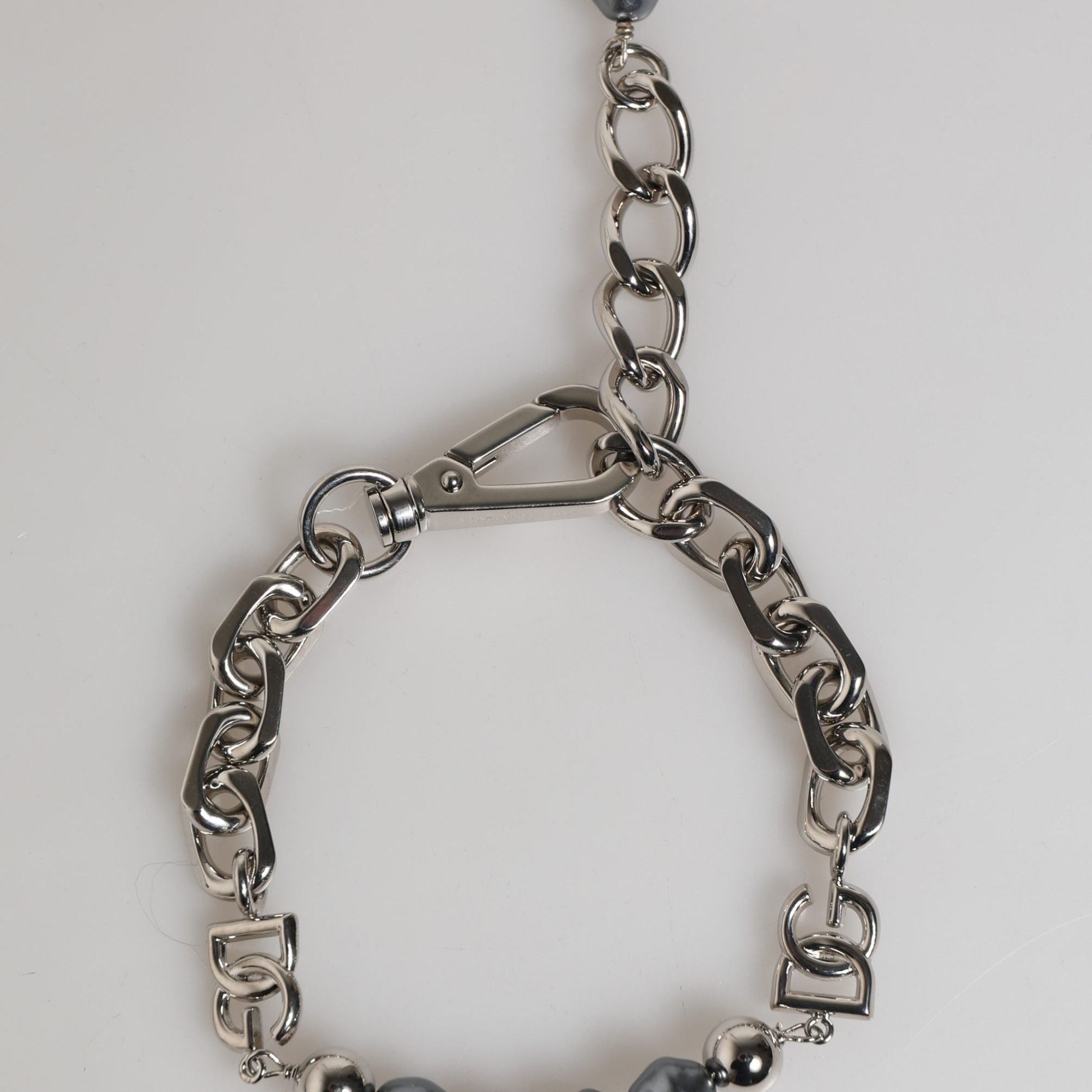 Dolce & Gabbana Silver Tone Chain Lobster Clasp Logo Gray Pearls Bracelet