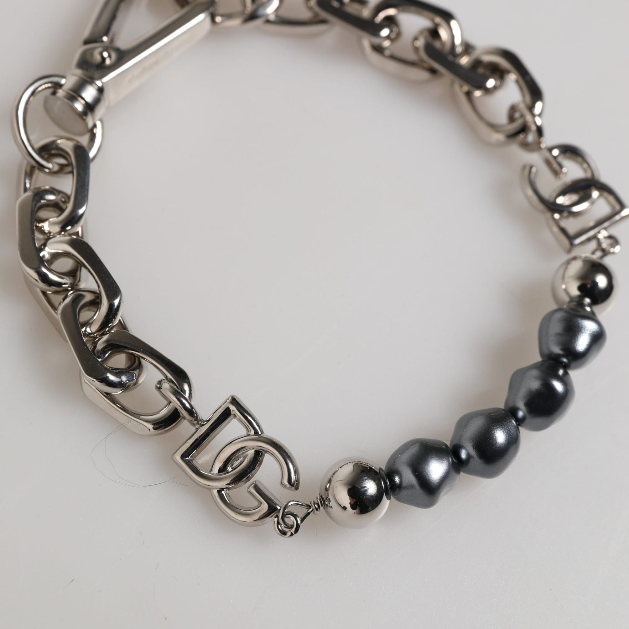 Dolce & Gabbana Silver Tone Chain Lobster Clasp Logo Gray Pearls Bracelet