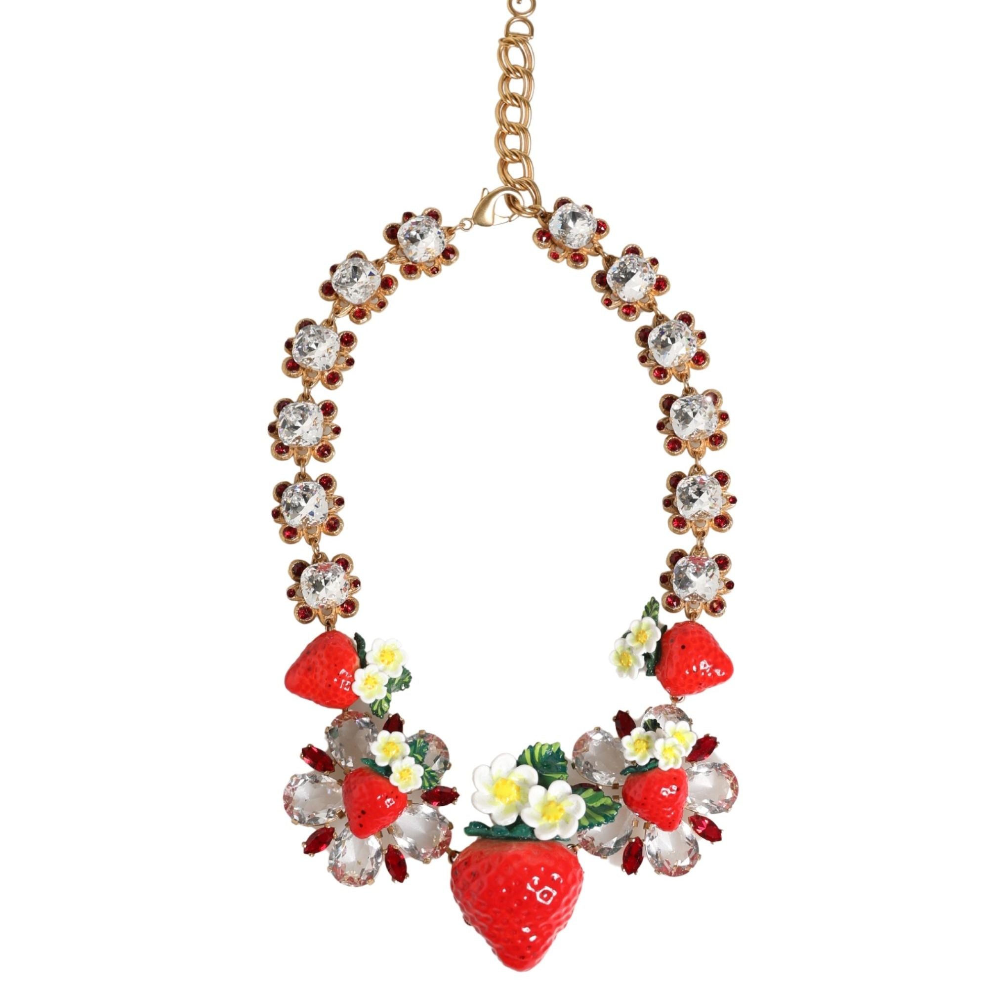 Dolce & Gabbana Gold Brass FRUIT Pendants Flowers Crystal Logo Necklace
