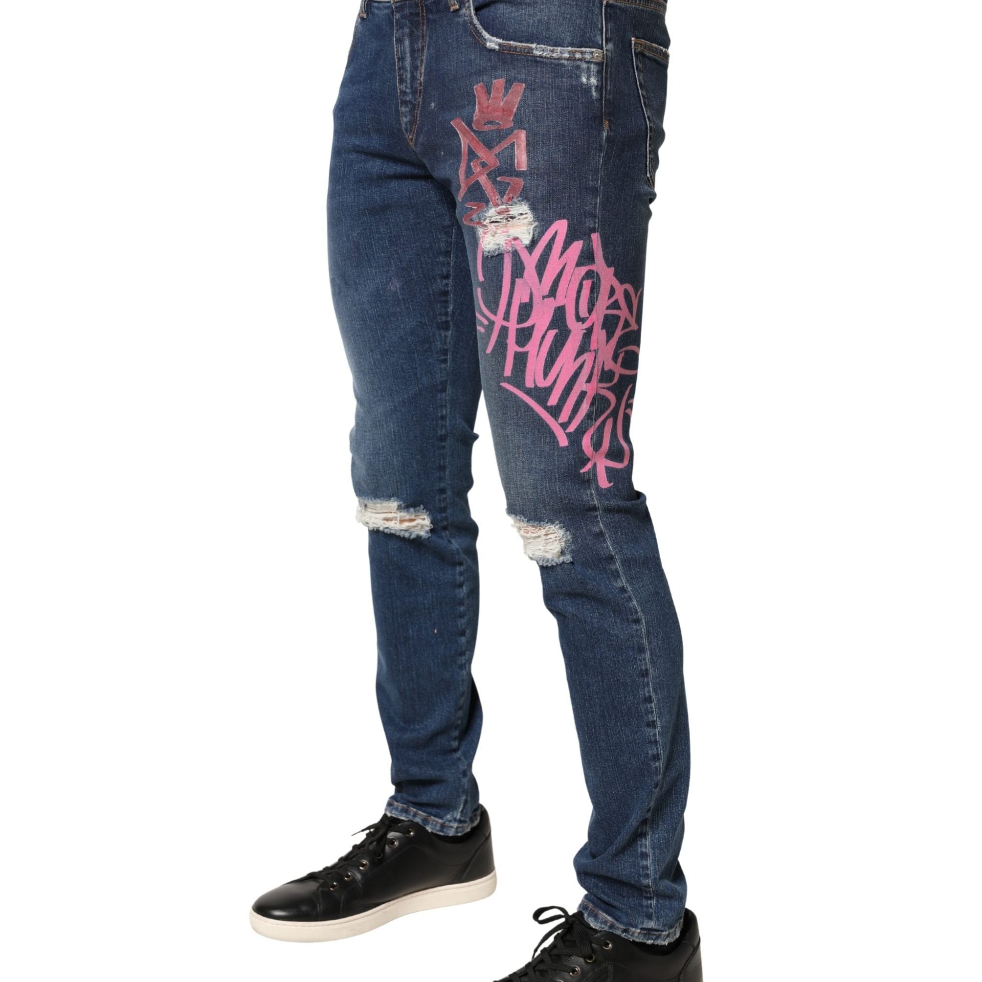 Dolce & Gabbana Blue Distressed Graffiti Print Skinny Jeans