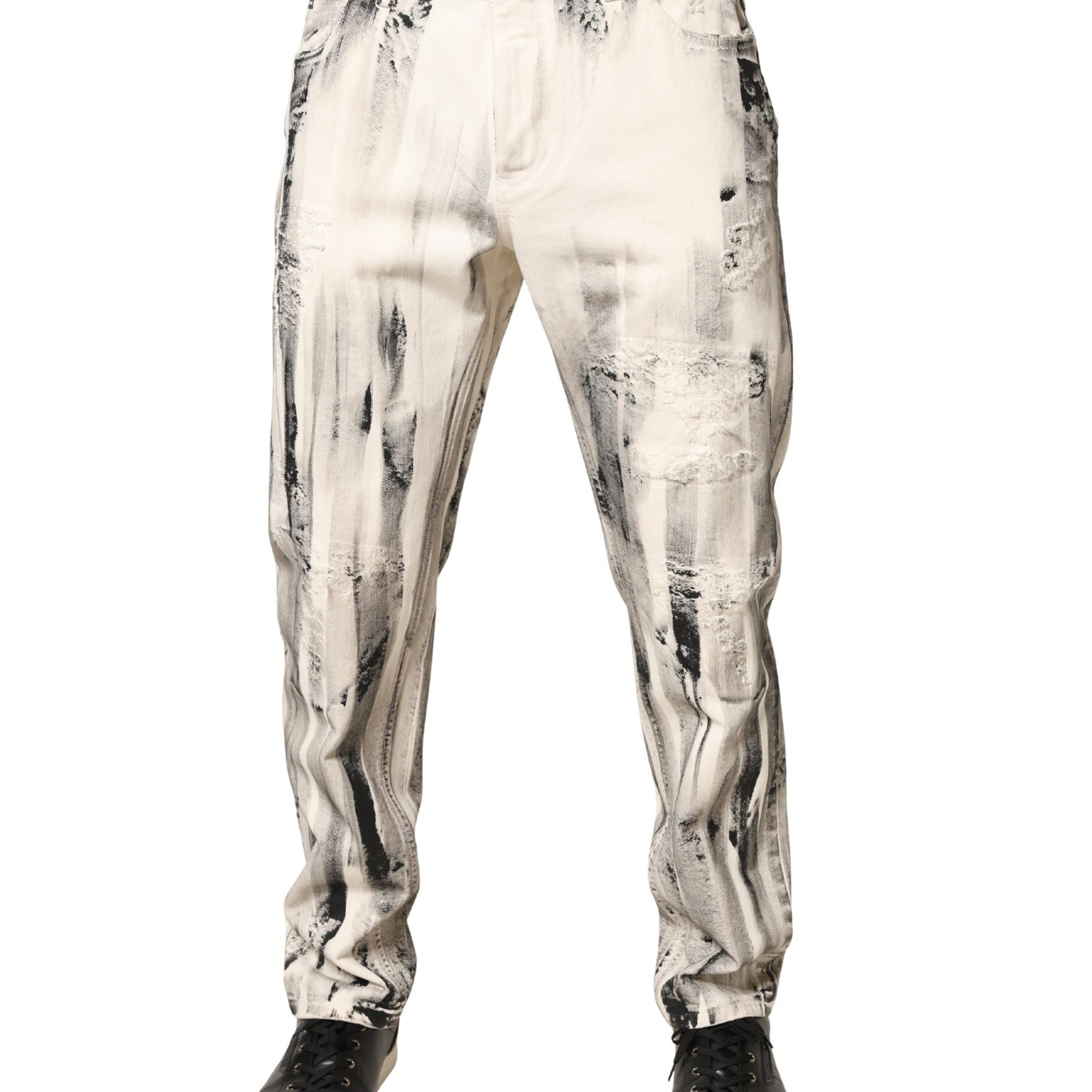Dolce & Gabbana White Distressed Paint Print LooseDenim Jeans