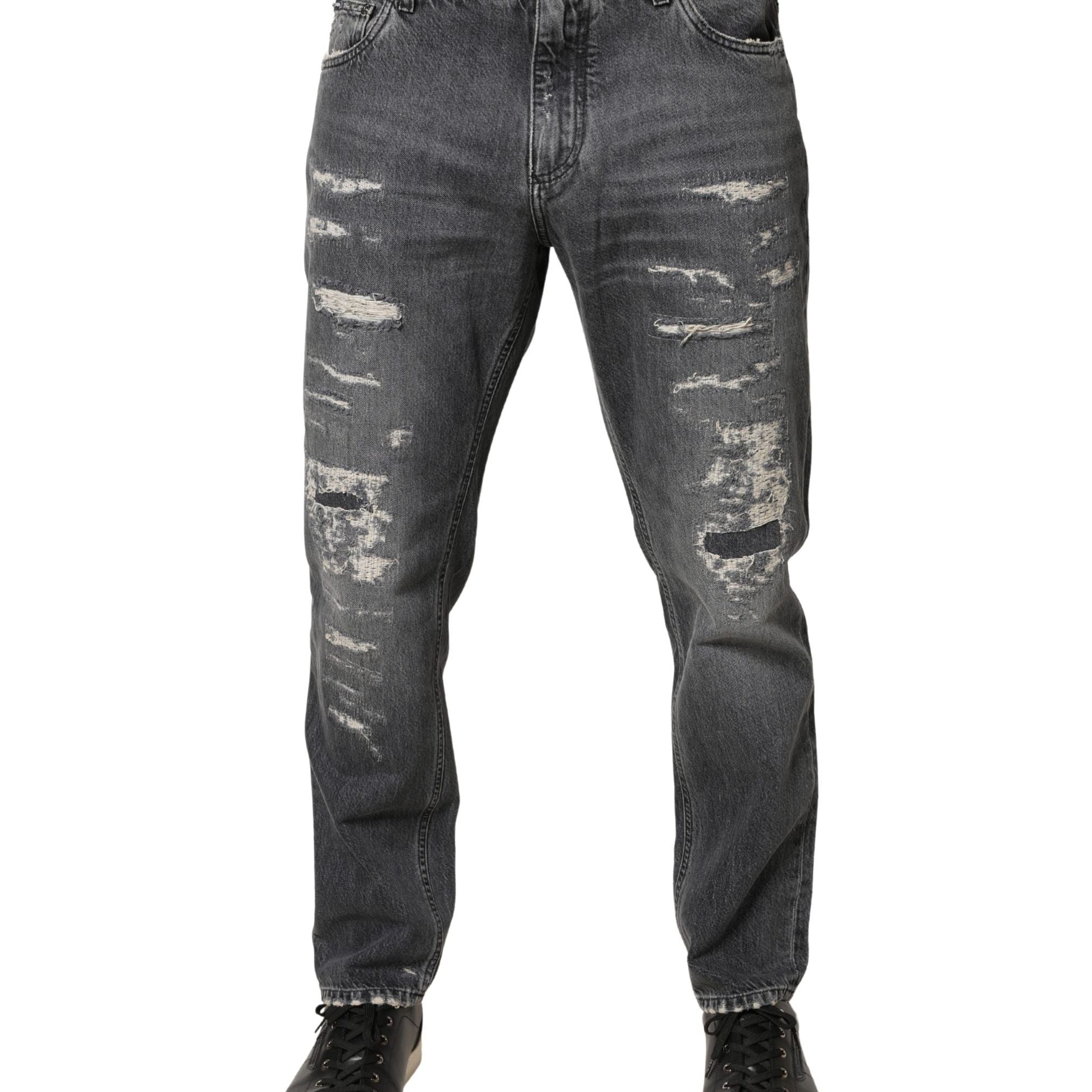 Dolce & Gabbana Dark Gray Tattered Cotton Loose Denim Jeans