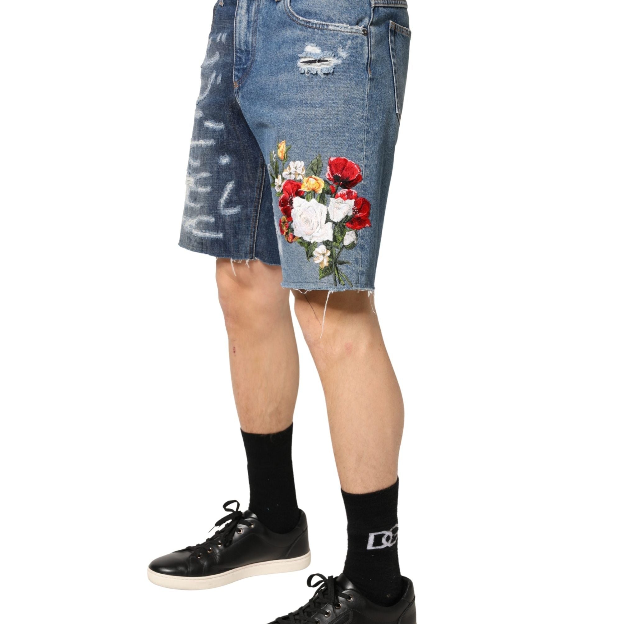 Dolce & Gabbana Blue Floral Embroidery Tattered Denim Shorts