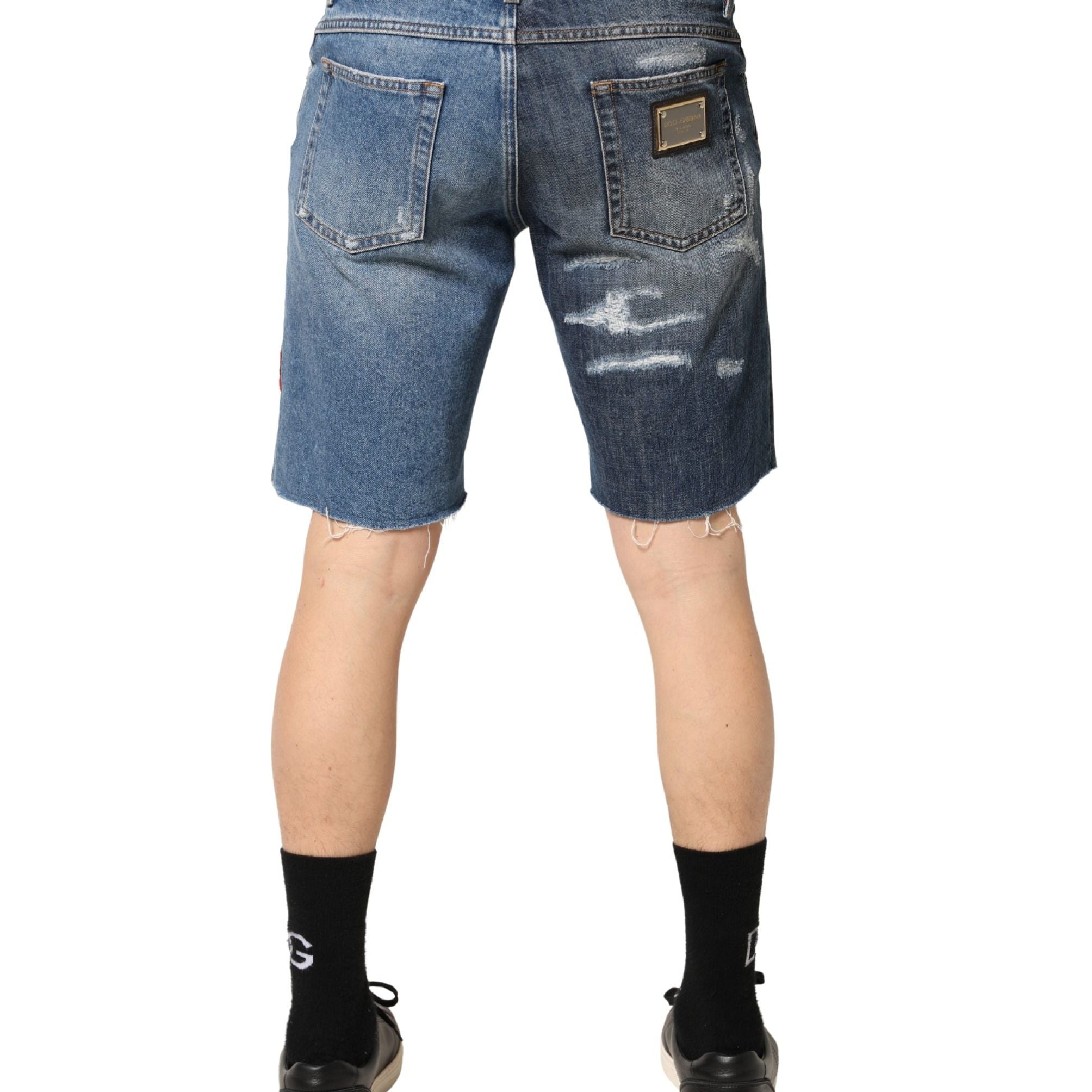 Dolce & Gabbana Blue Floral Embroidery Tattered Denim Shorts
