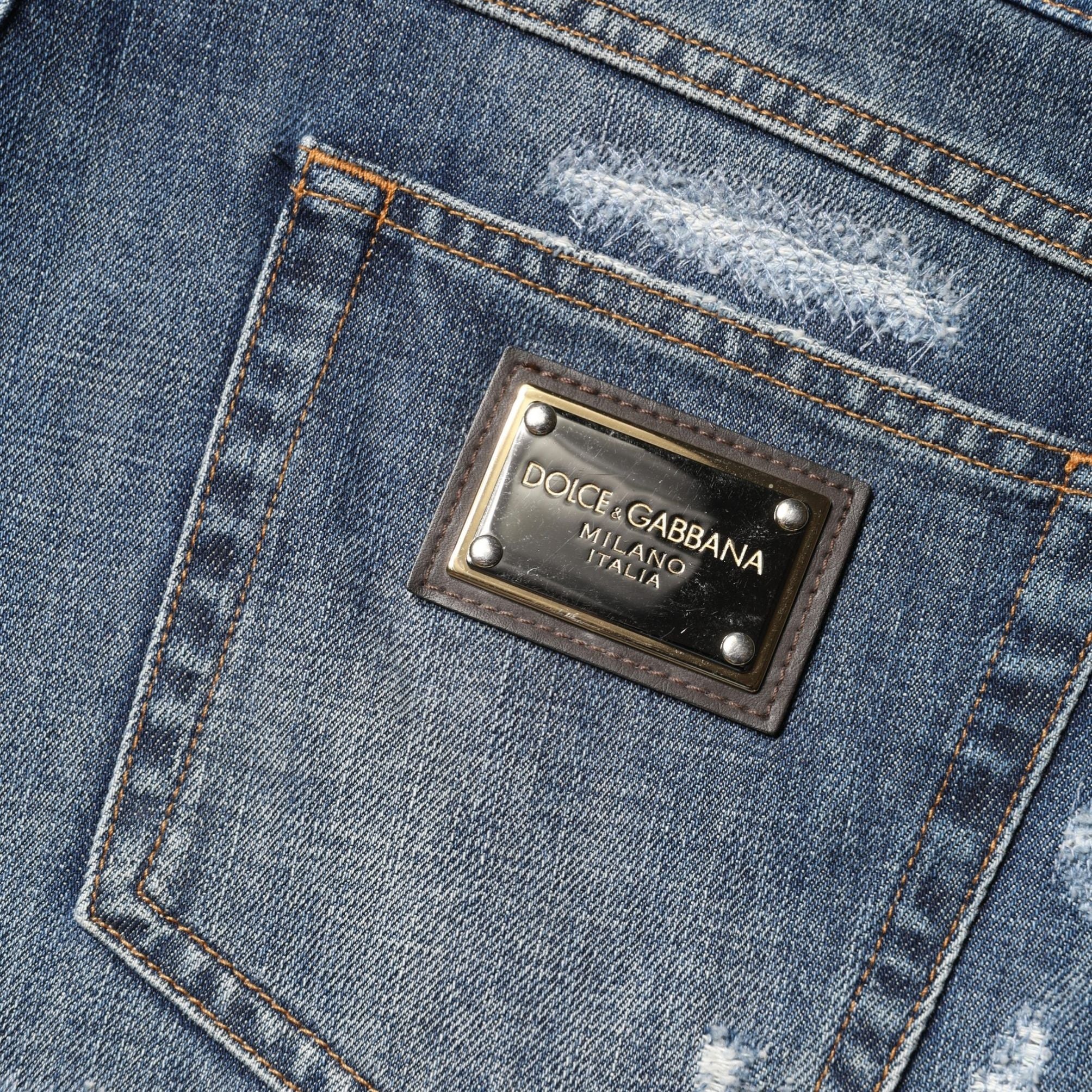 Dolce & Gabbana Blue Floral Embroidery Tattered Denim Shorts