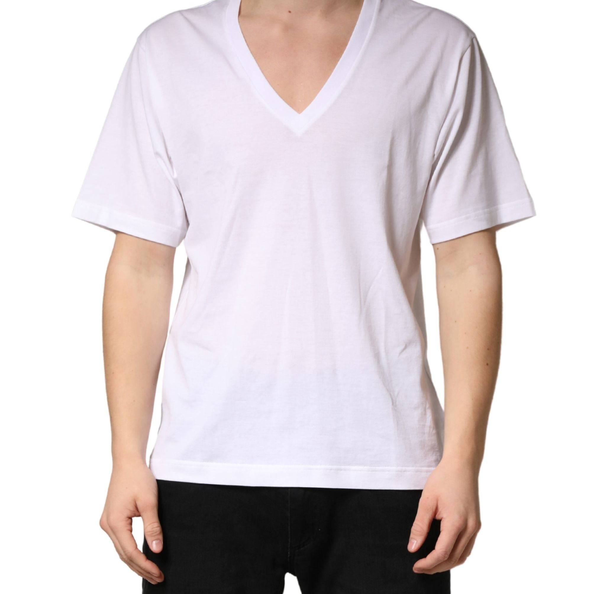 Dolce & Gabbana White Cotton Plain V-Neck Men Shirt T-shirt