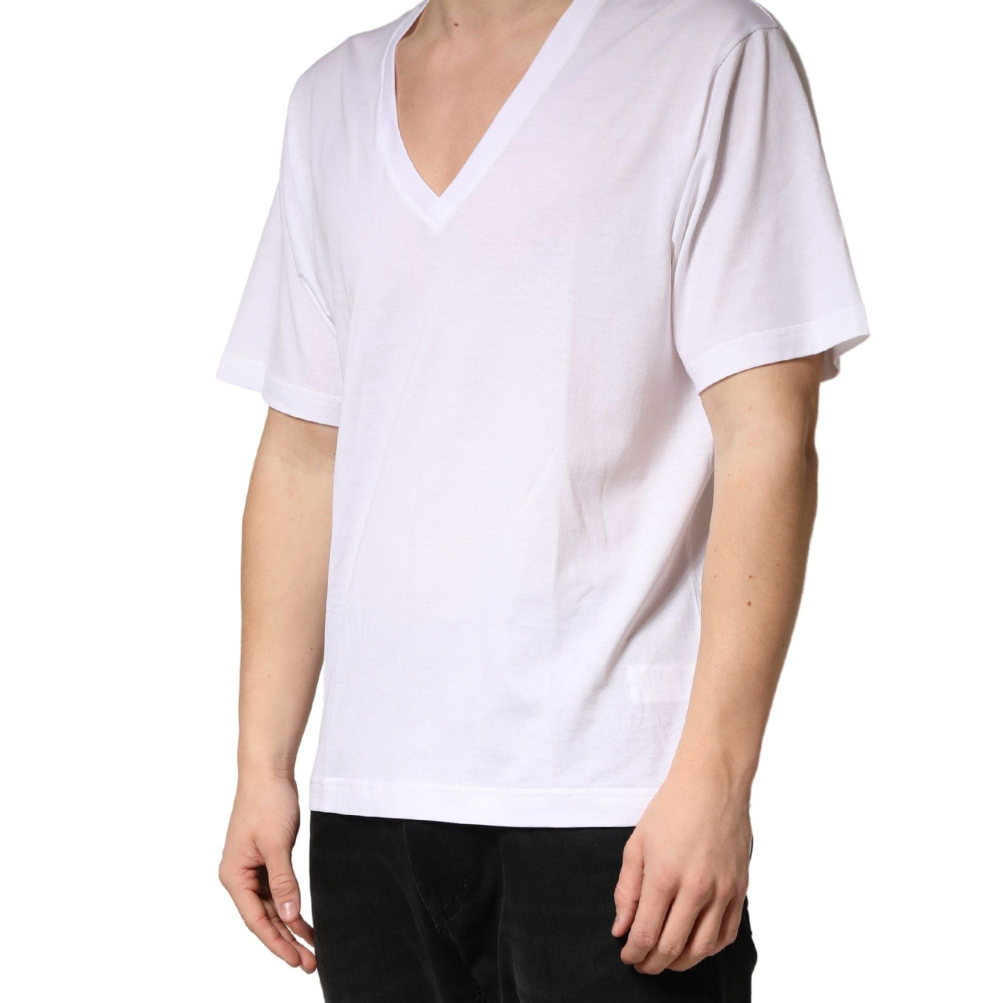 Dolce & Gabbana White Cotton Plain V-Neck Men Shirt T-shirt