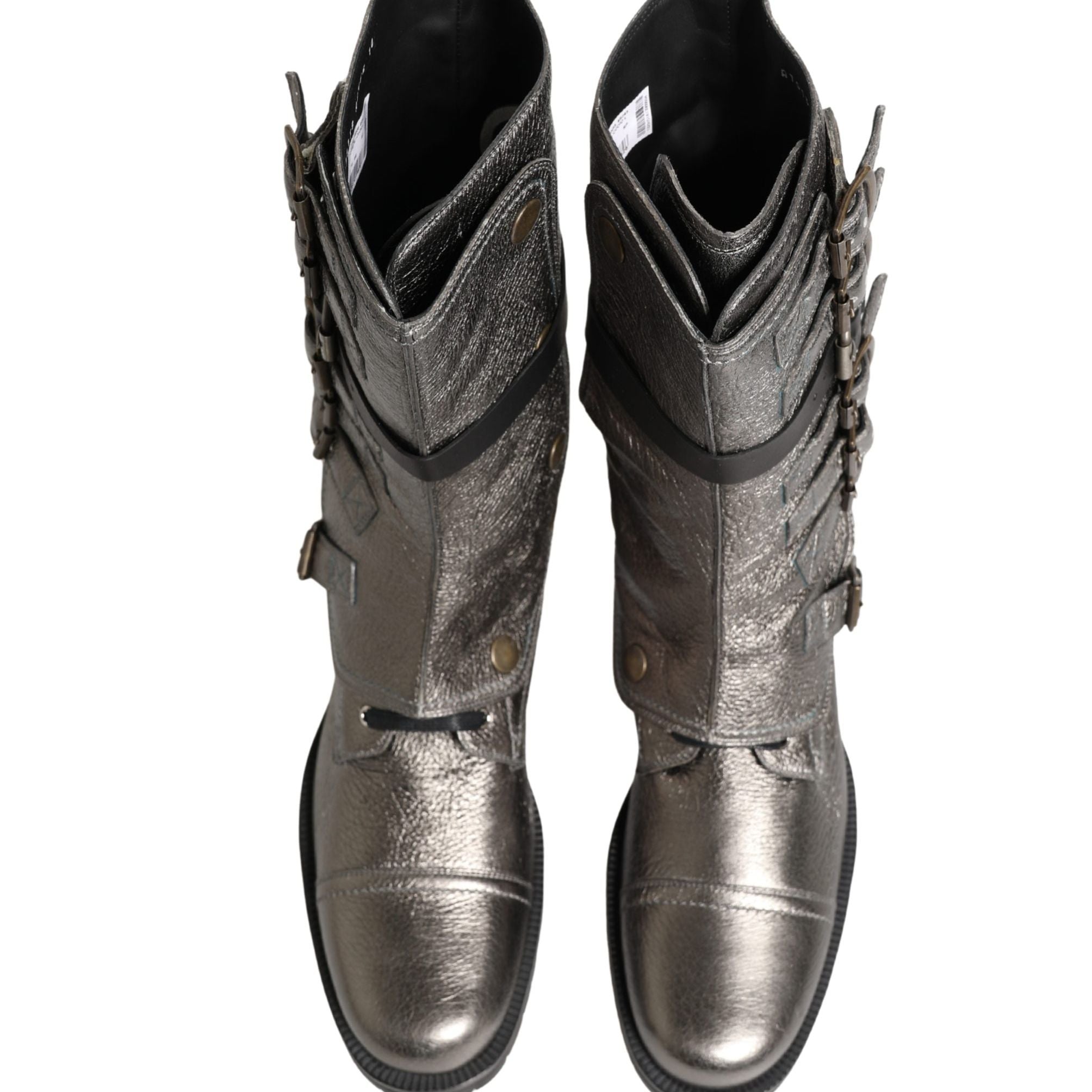 Dolce & Gabbana Metallic Silver Combat Biker Mid Calf Boots Shoes