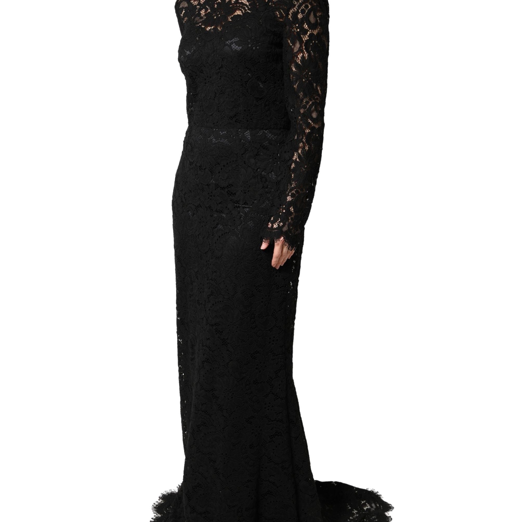 Dolce & Gabbana Black Lace Long Sleeves Cotton Maxi Dress
