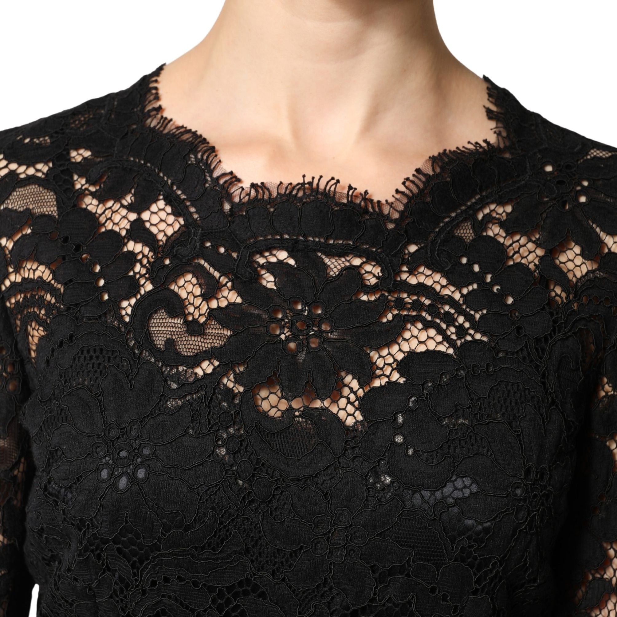 Dolce & Gabbana Black Lace Long Sleeves Cotton Maxi Dress