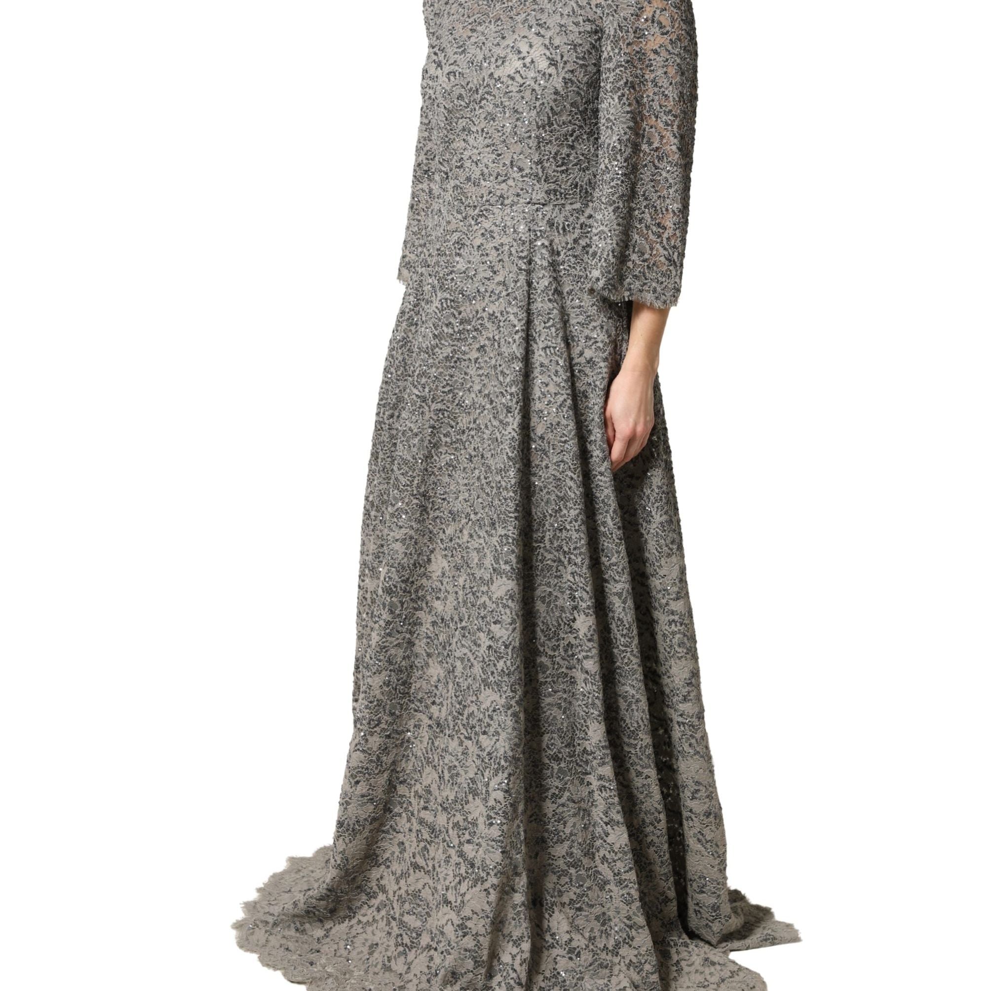 Dolce & Gabbana Gray Lace Long Sleeves Cotton Maxi Dress