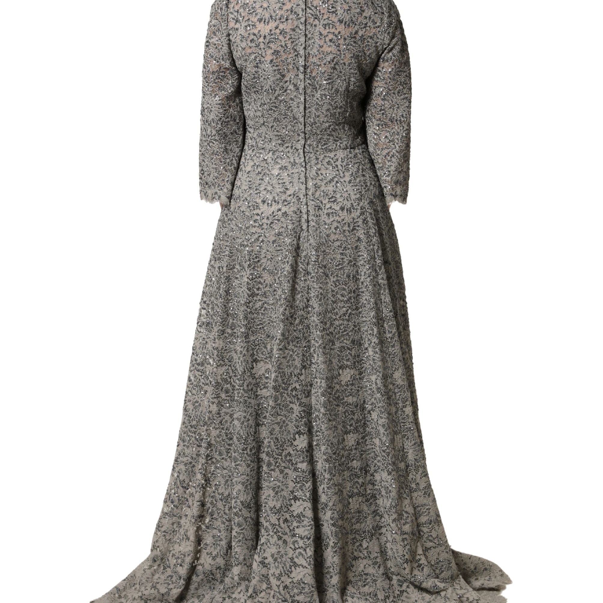 Dolce & Gabbana Gray Lace Long Sleeves Cotton Maxi Dress
