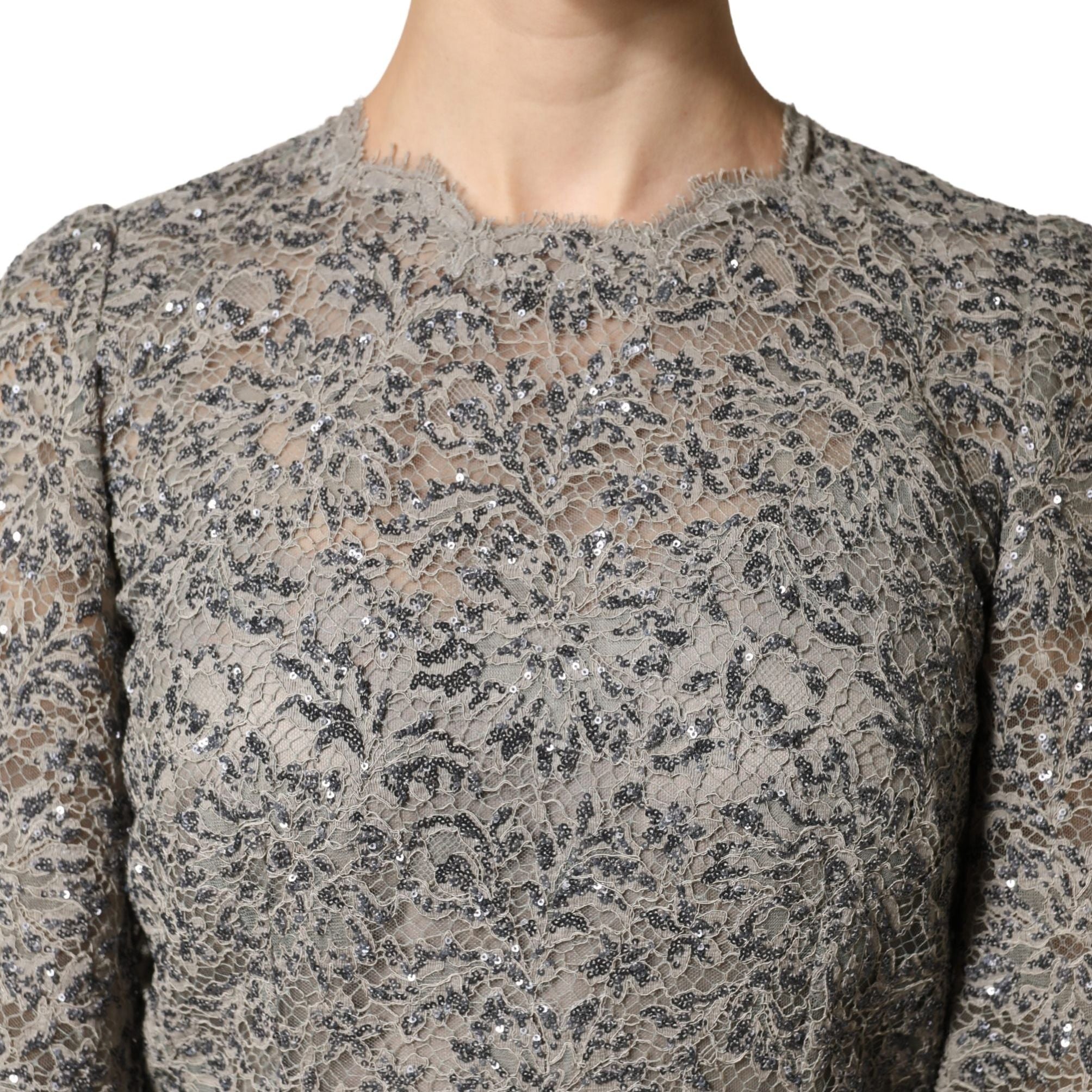 Dolce & Gabbana Gray Lace Long Sleeves Cotton Maxi Dress