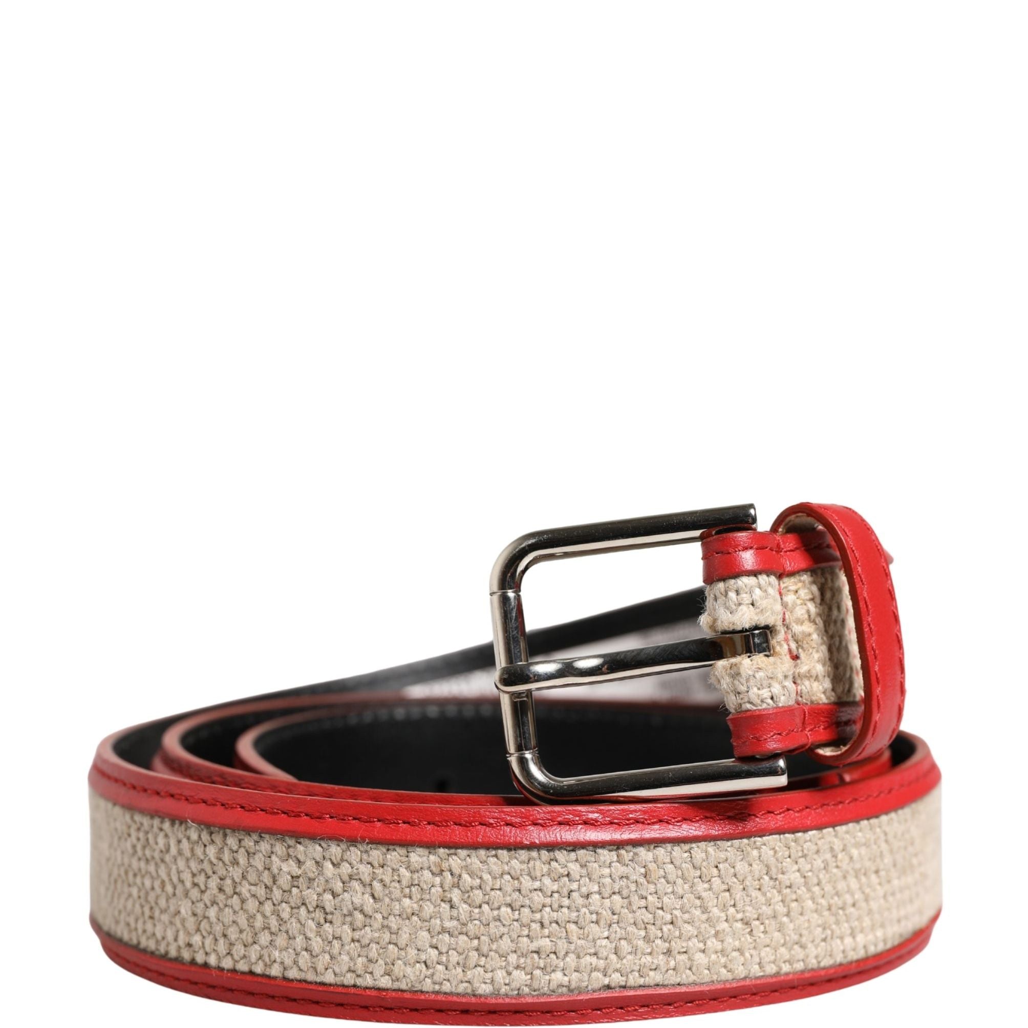 Dolce & Gabbana Men Beige Red Woven Leather Metal Buckle Belt