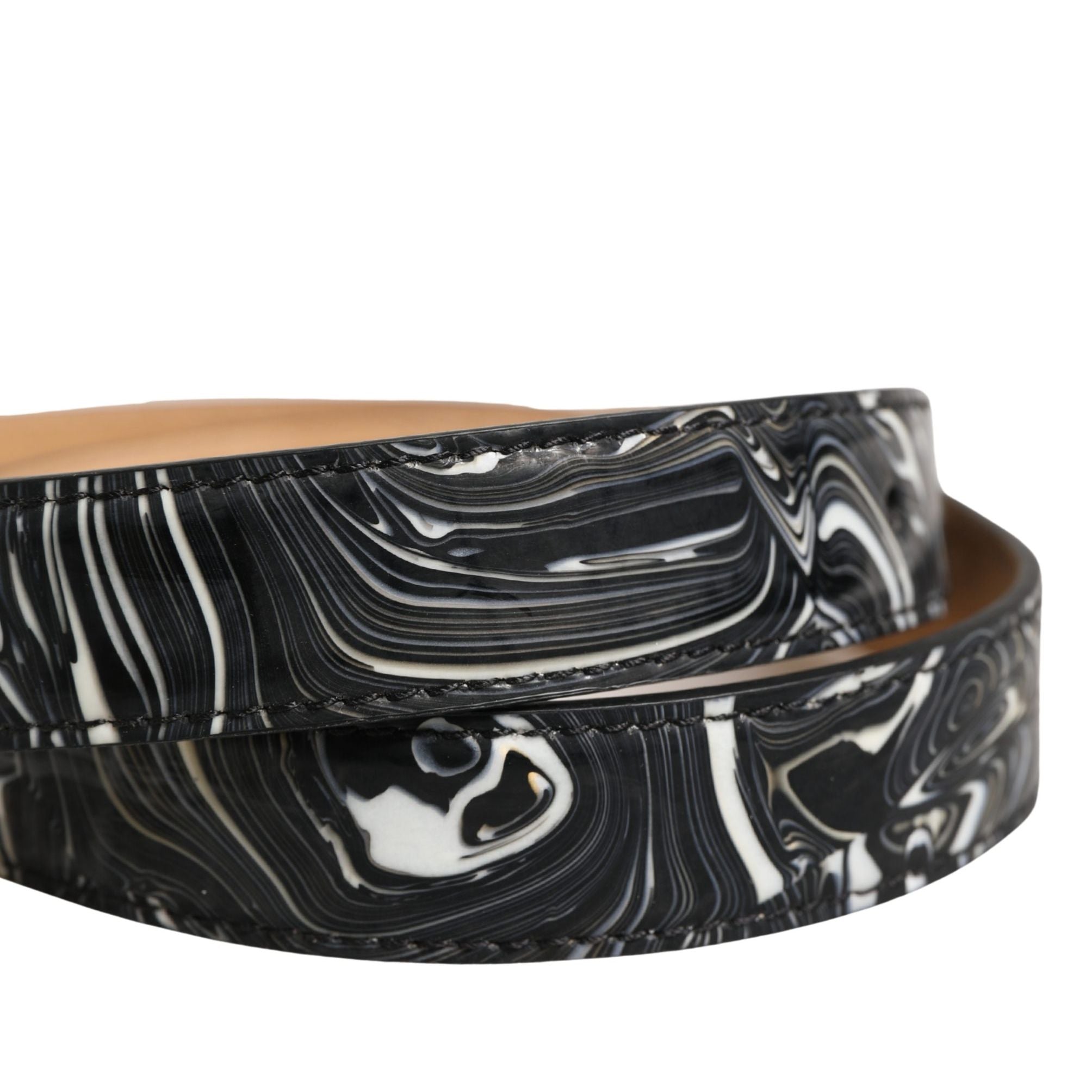 Dolce & Gabbana Men Black Marble Leather Metal Buckle Belt