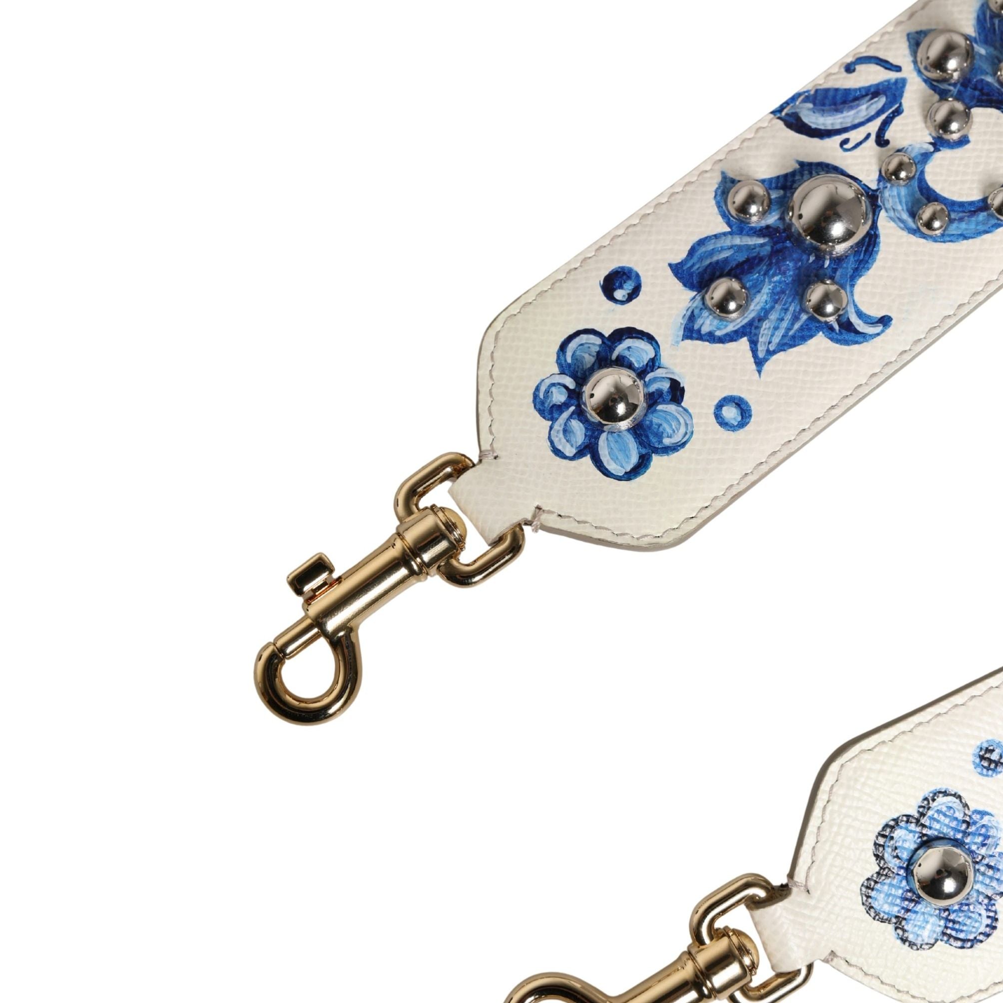 Dolce & Gabbana White Blue Floral Leather Stud Accessory Shoulder Strap