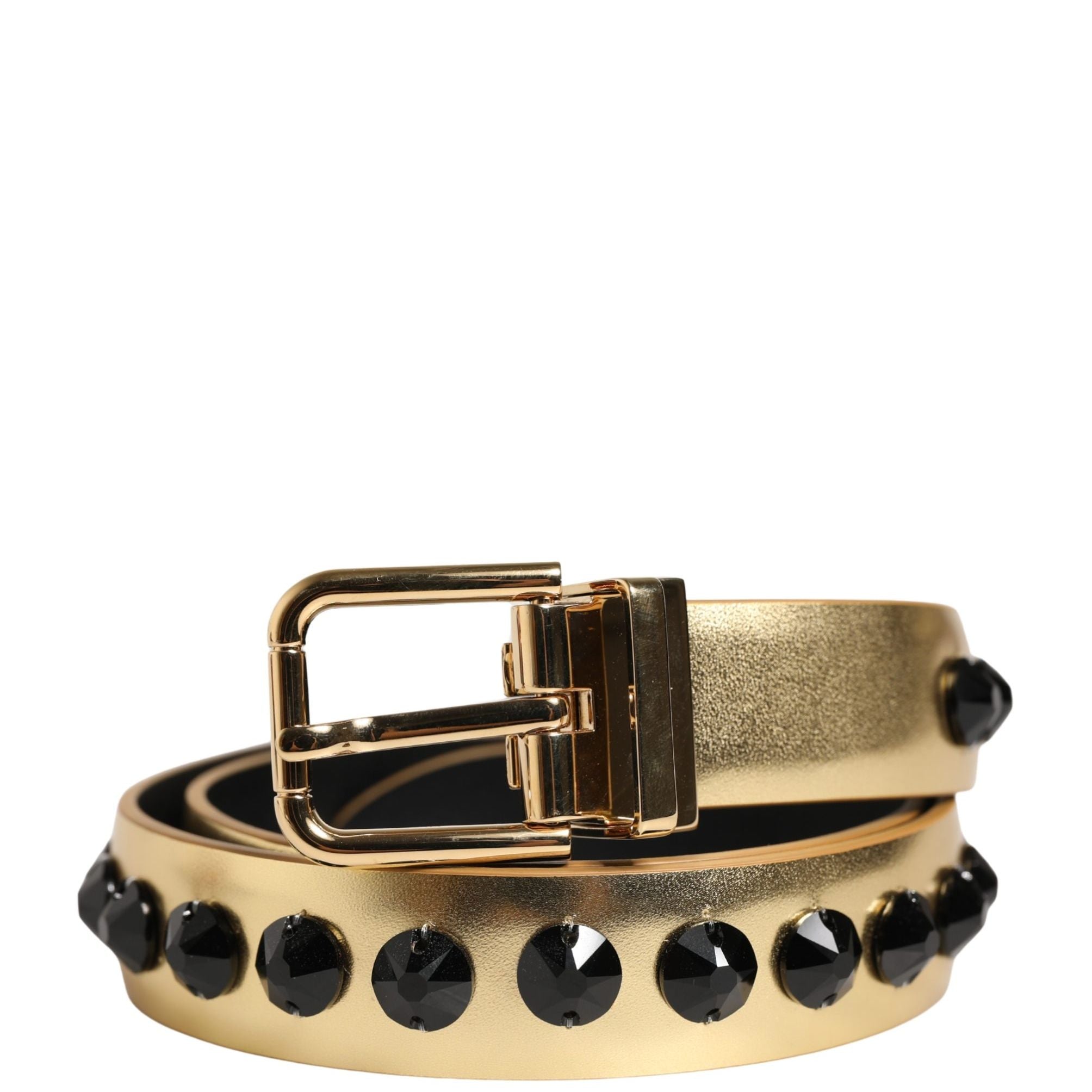 Dolce & Gabbana Gold Leather Black Crystals Metal Buckle Belt
