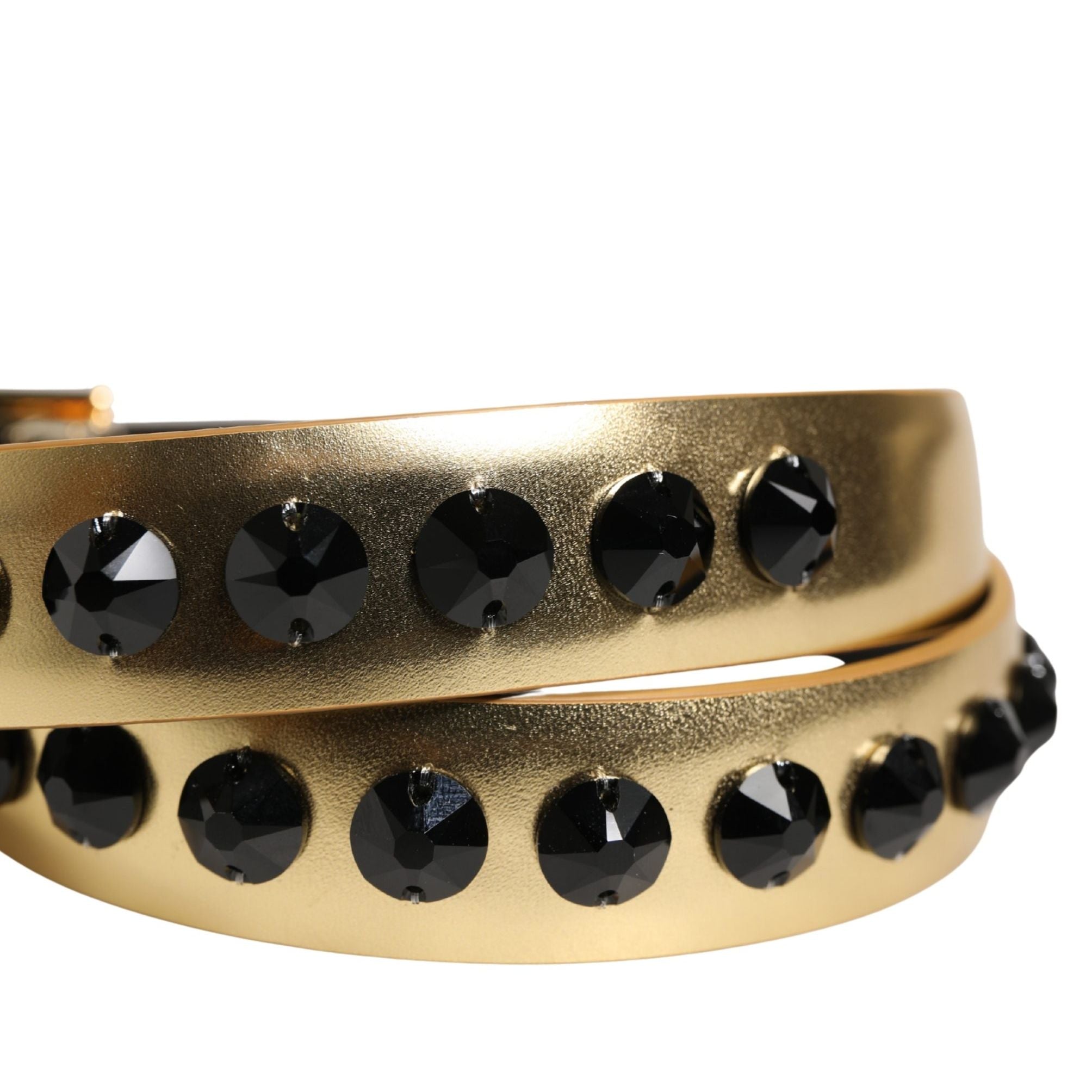 Dolce & Gabbana Gold Leather Black Crystals Metal Buckle Belt