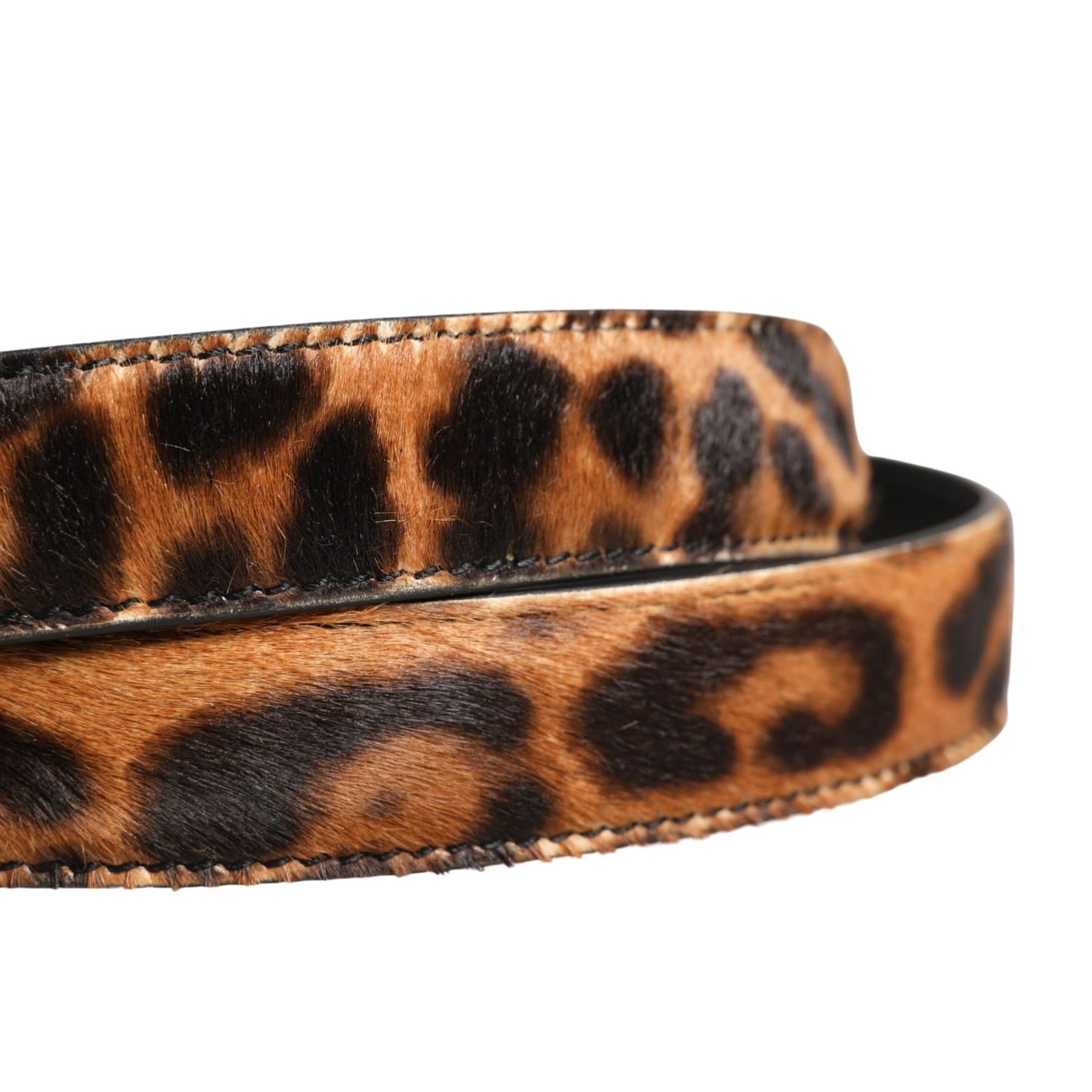 Dolce & Gabbana Brown Calf Fur Leopard Metal Buckle Belt