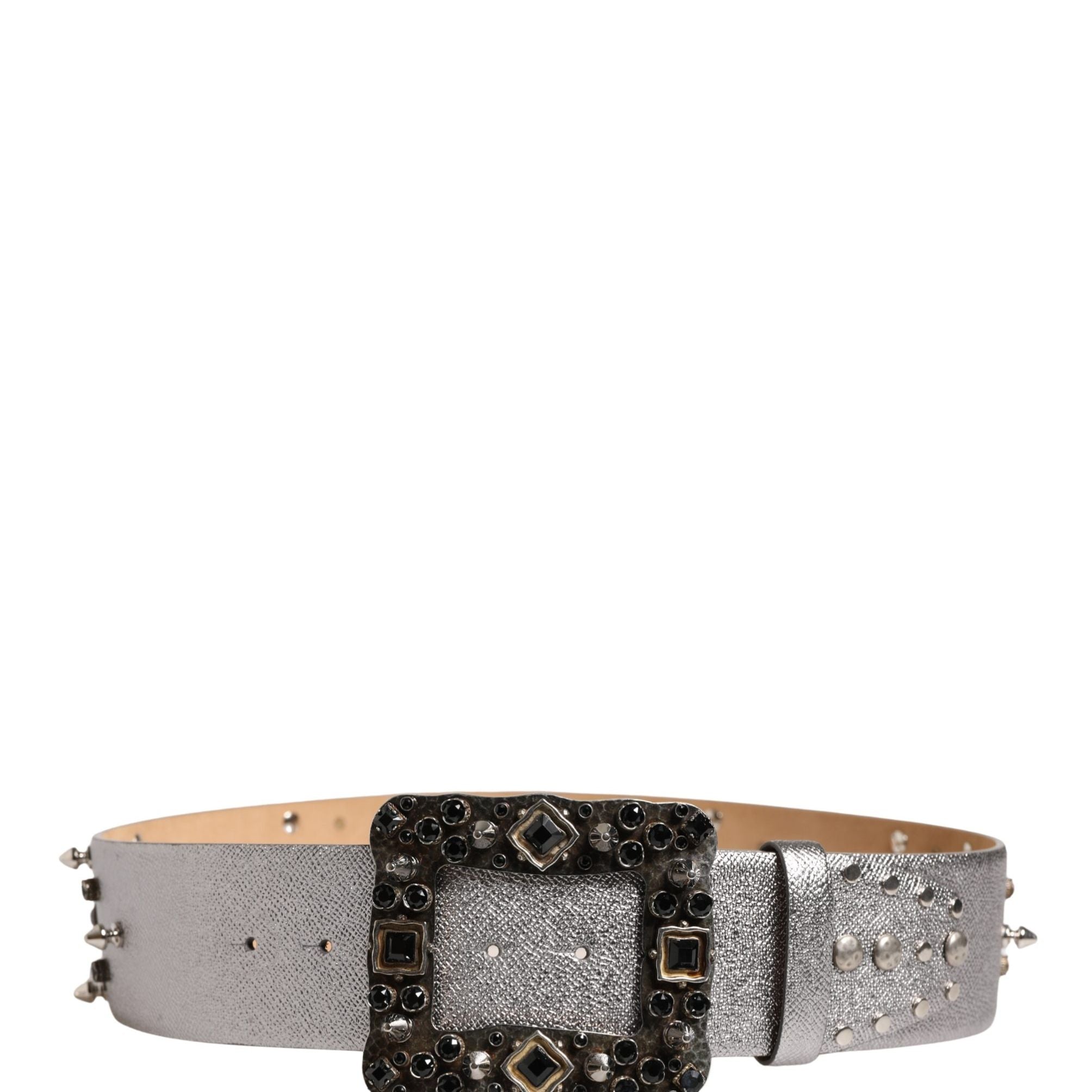 Dolce & Gabbana Silver Leather Crystal Metal Buckle Belt