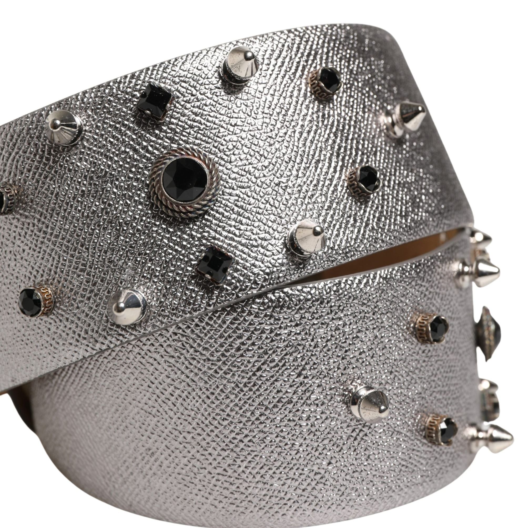 Dolce & Gabbana Silver Leather Crystal Metal Buckle Belt