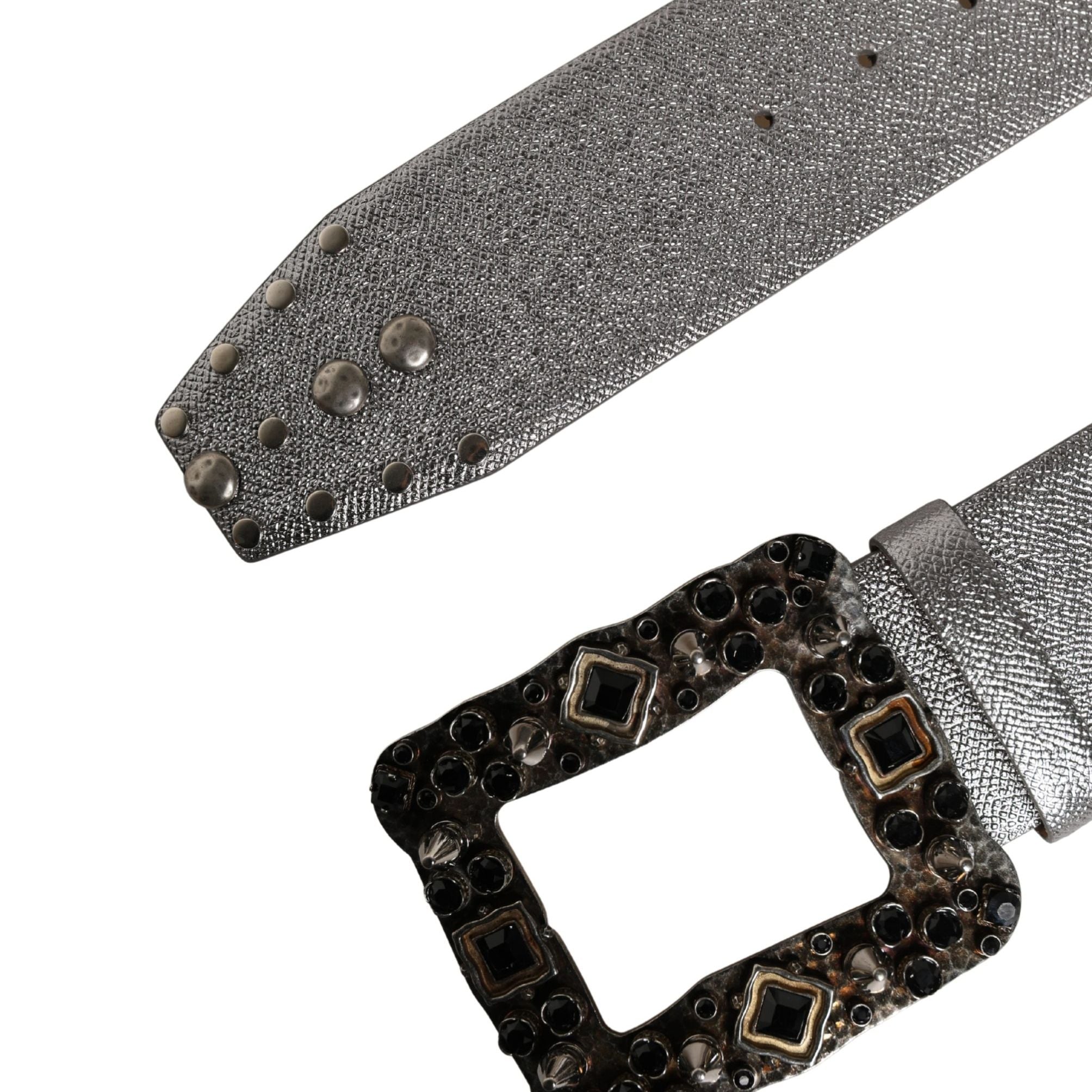 Dolce & Gabbana Silver Leather Crystal Metal Buckle Belt