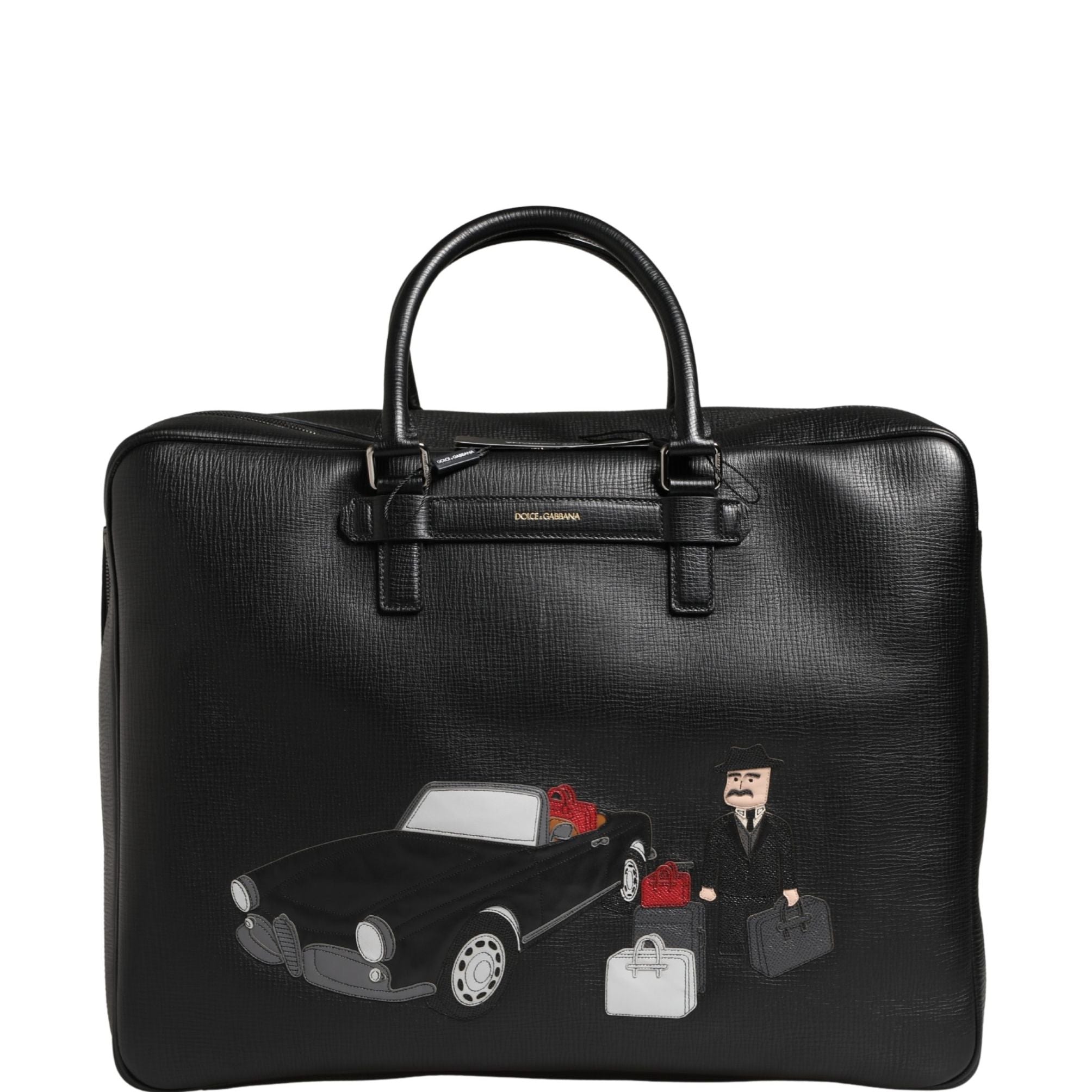 Dolce & Gabbana Black Car Man Applique Leather Weekender Borse Bag