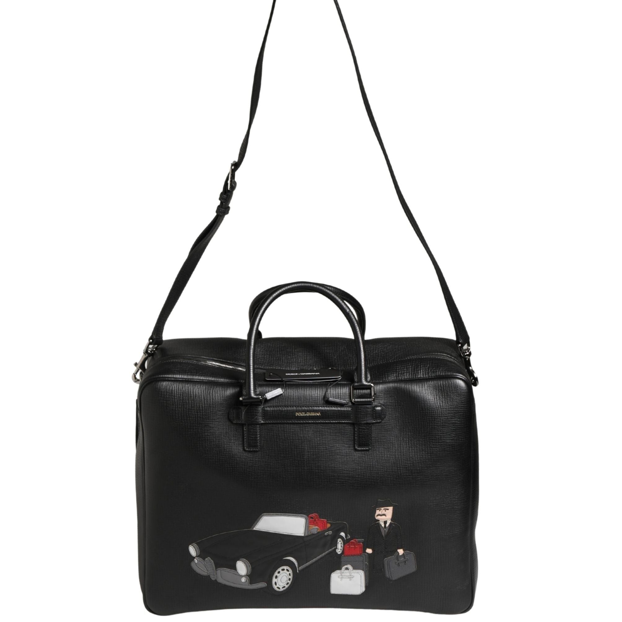 Dolce & Gabbana Black Car Man Applique Leather Weekender Borse Bag