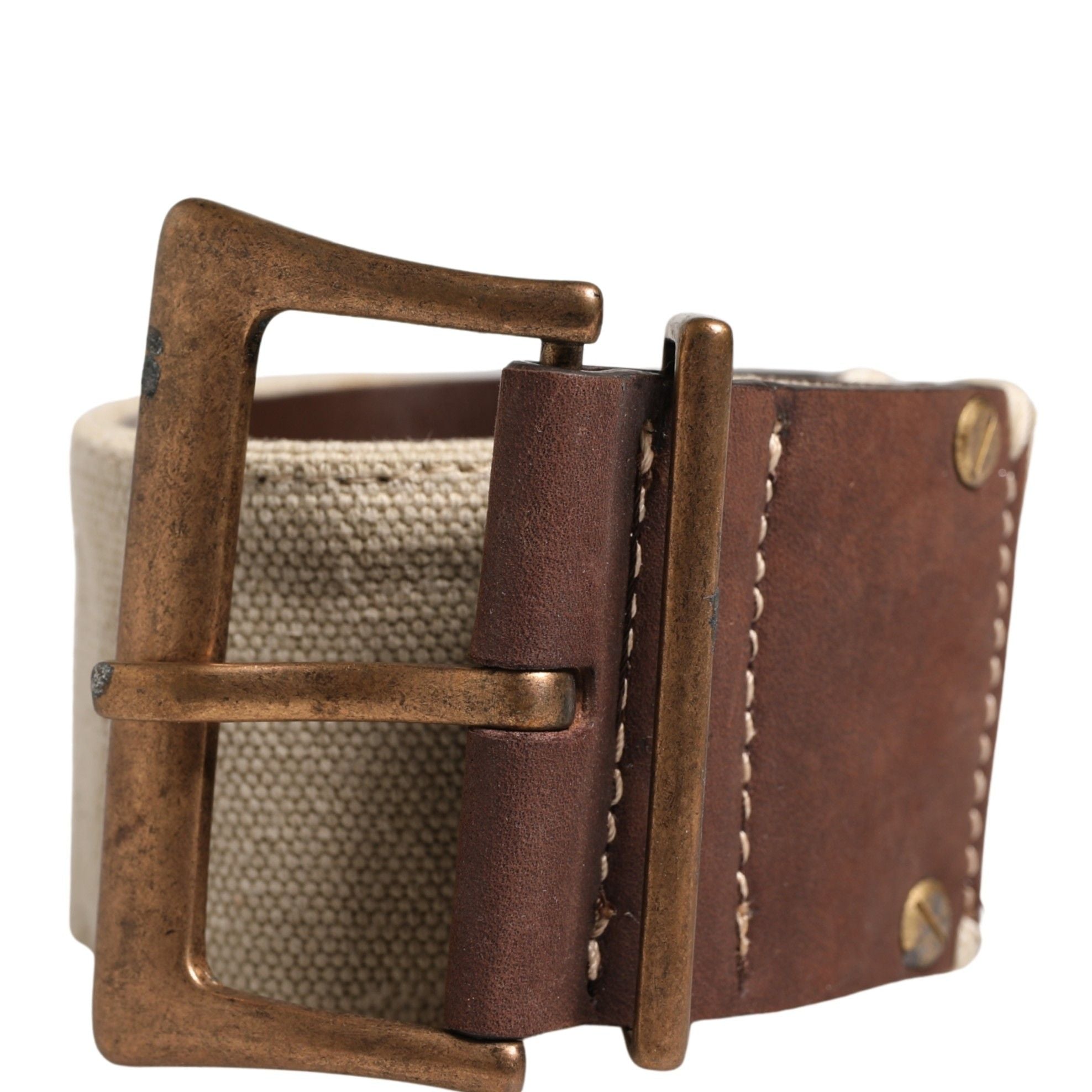 Ermanno Scervino Beige Brown Leather Canvas Metal Buckle Belt