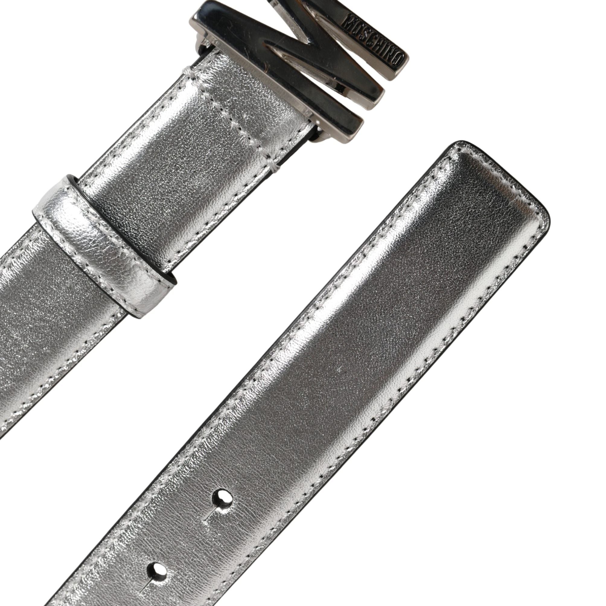 Moschino Couture Silver Leather Logo Metal Buckle Waist Belt