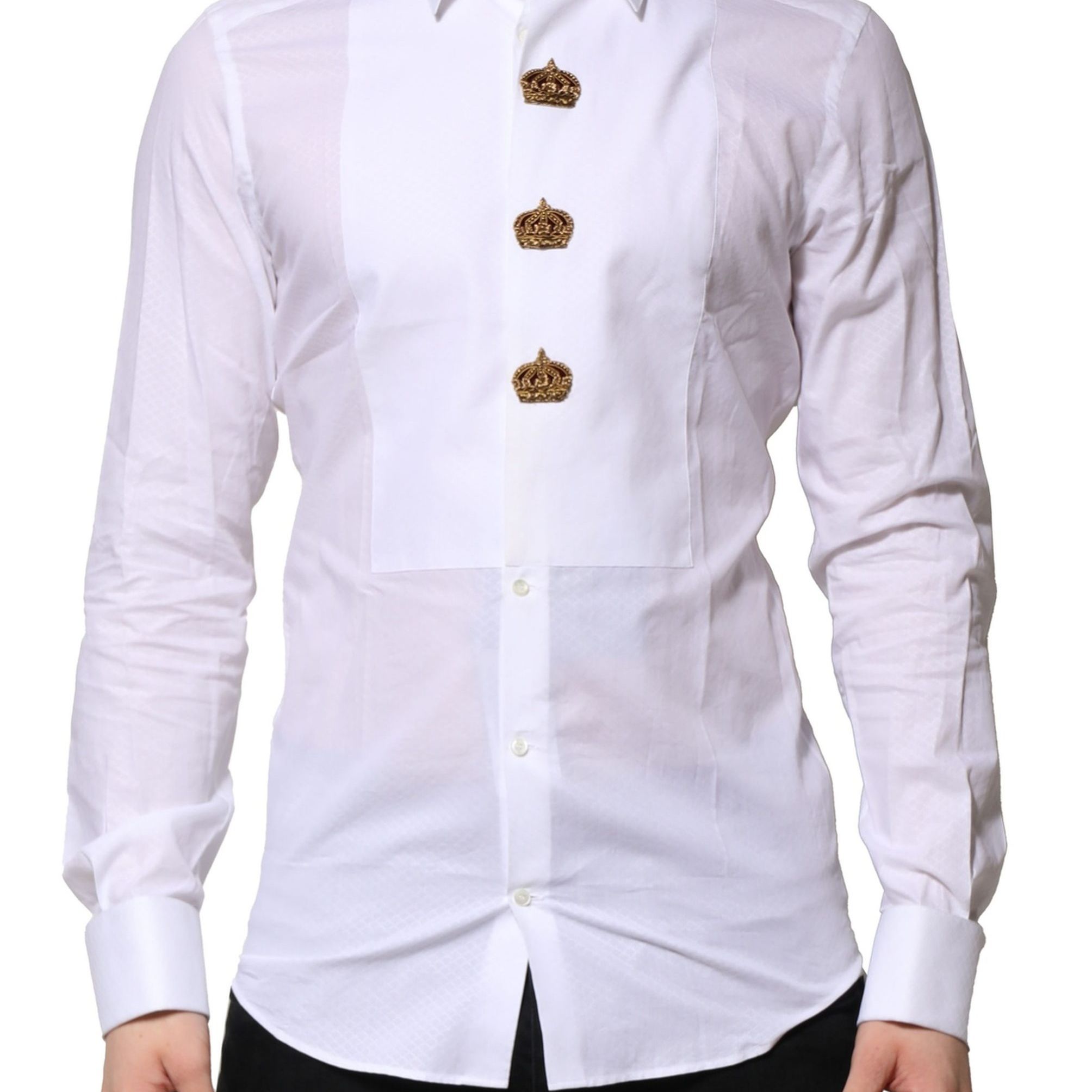 Dolce & Gabbana White GOLD Crown Cotton Dress Formal Shirt