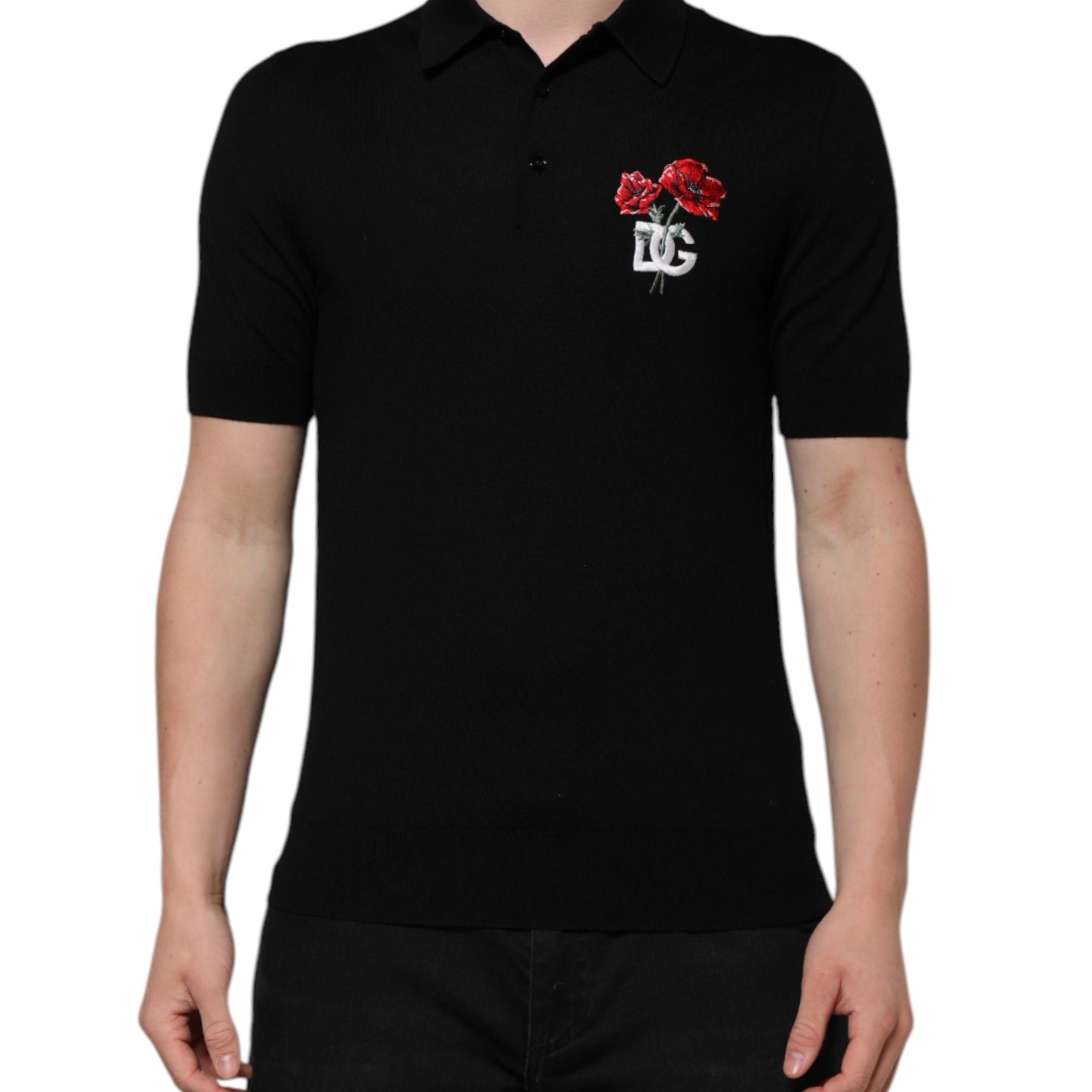 Dolce & Gabbana Black Wool Logo Floral Short Sleeve T-shirt