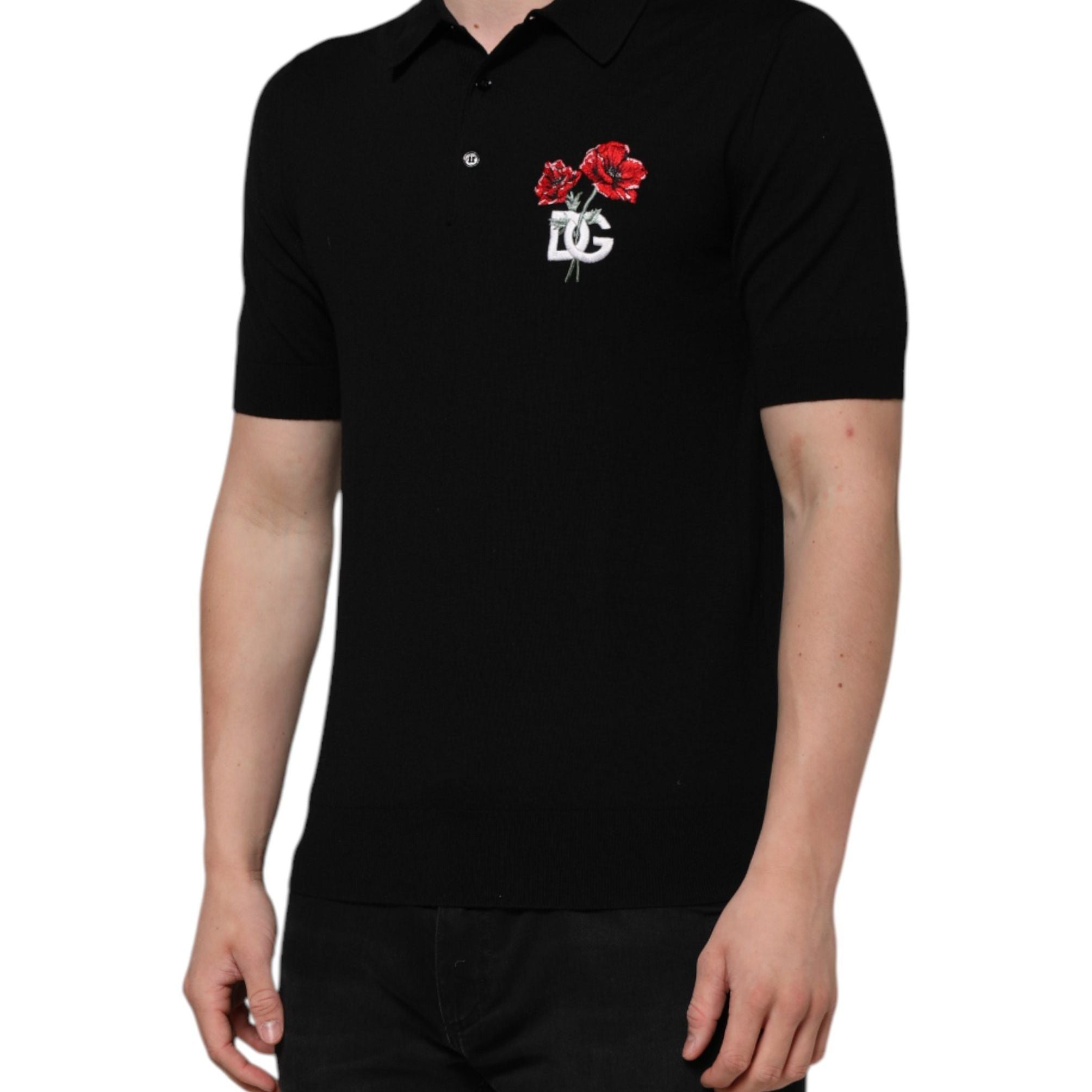 Dolce & Gabbana Black Wool Logo Floral Short Sleeve T-shirt