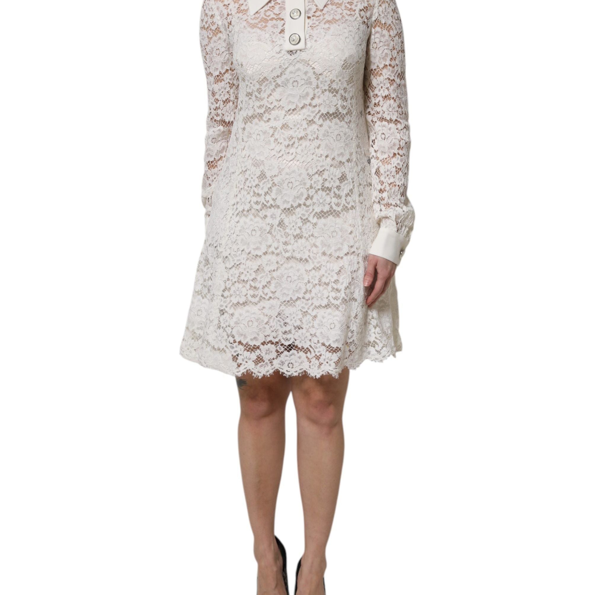 Dolce & Gabbana White Floral Lace Viscose Collared Mini Dress