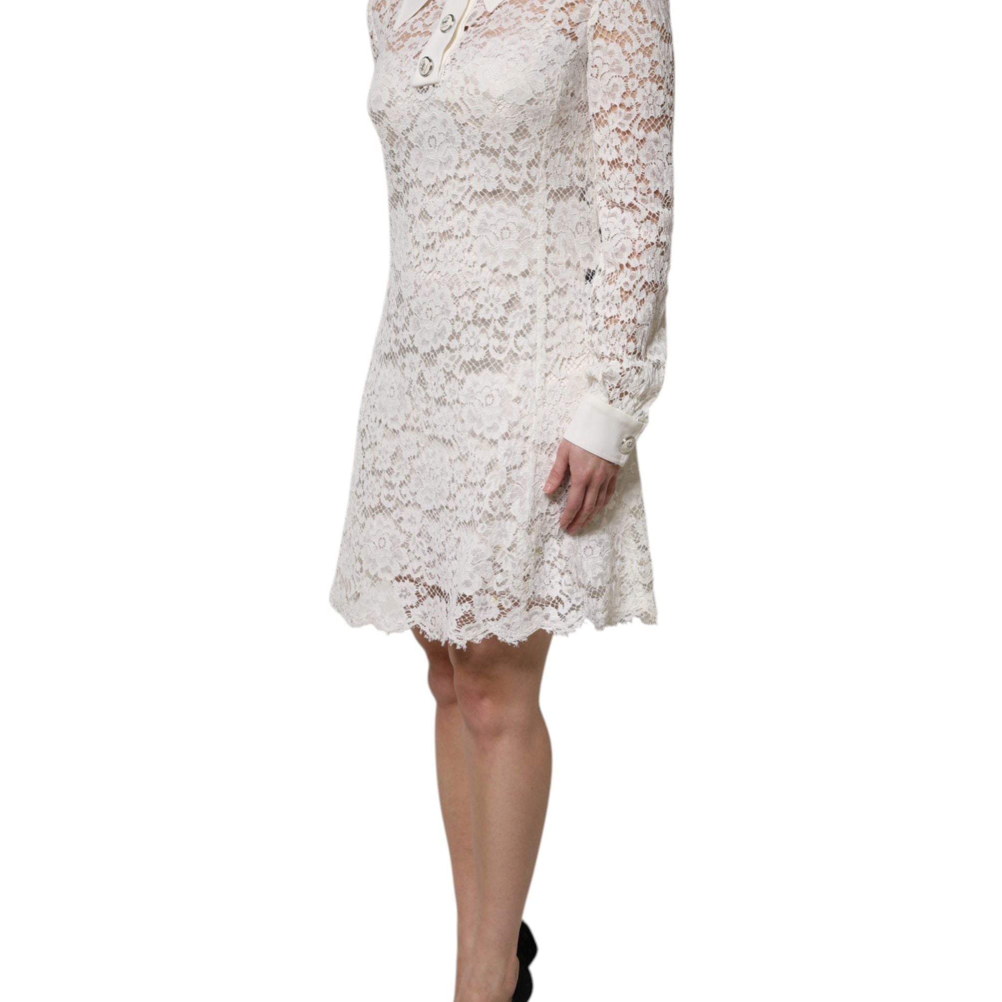 Dolce & Gabbana White Floral Lace Viscose Collared Mini Dress