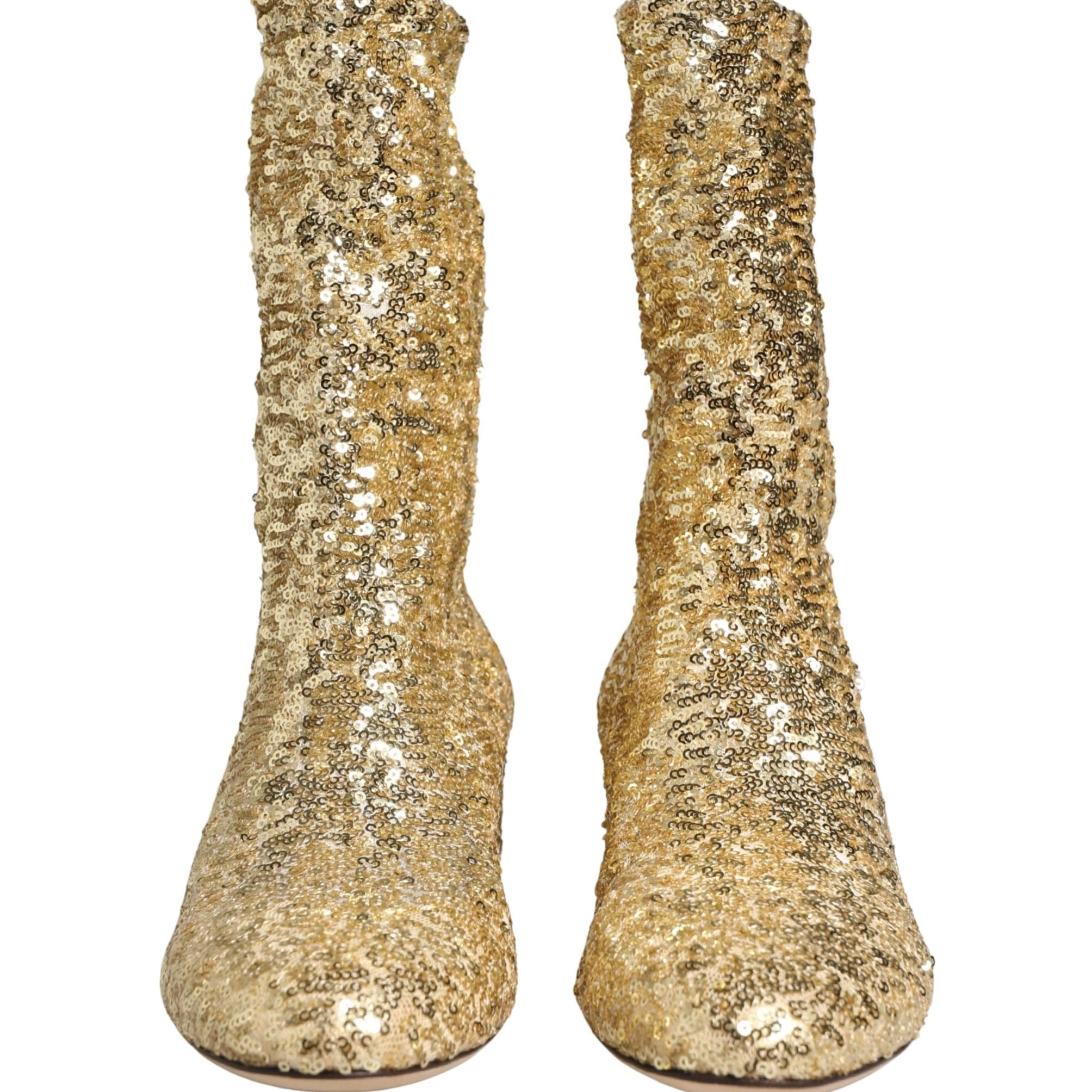 Dolce & Gabbana Gold Sequined Short Boots Stretch Shoes