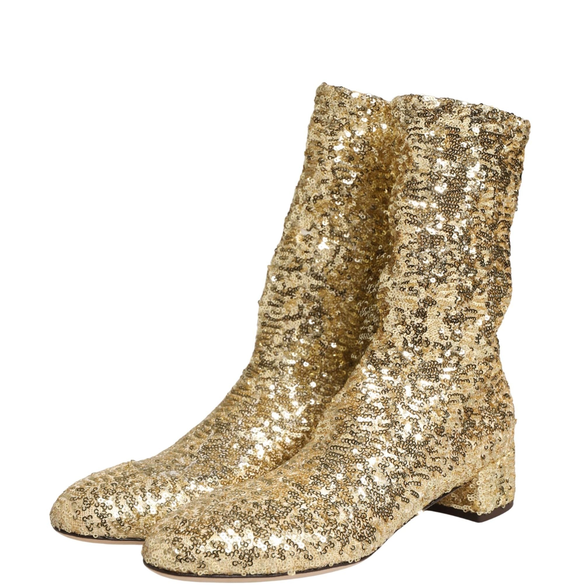 Dolce & Gabbana Gold Sequined Short Boots Stretch Shoes