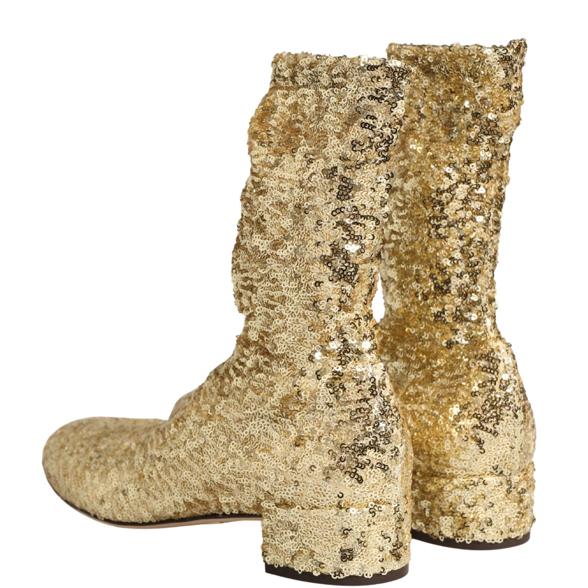 Dolce & Gabbana Gold Sequined Short Boots Stretch Shoes